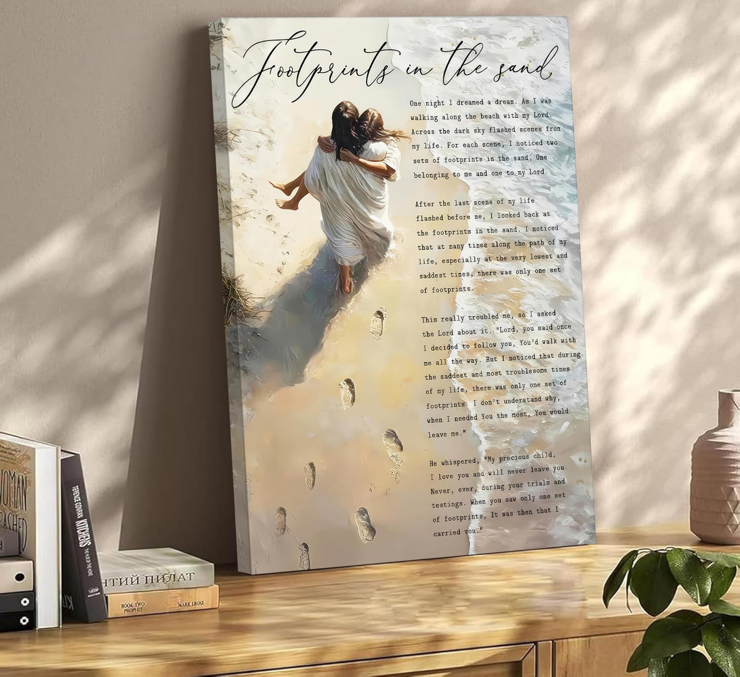 Footprints in the Sand Canvas Wall Art Chrisitan Inspirational Painting Picture Jesus Hugging Woman on Beach Poster Prints for Christian Women Living Room Bedroom Wall Decor 12x16in Framed