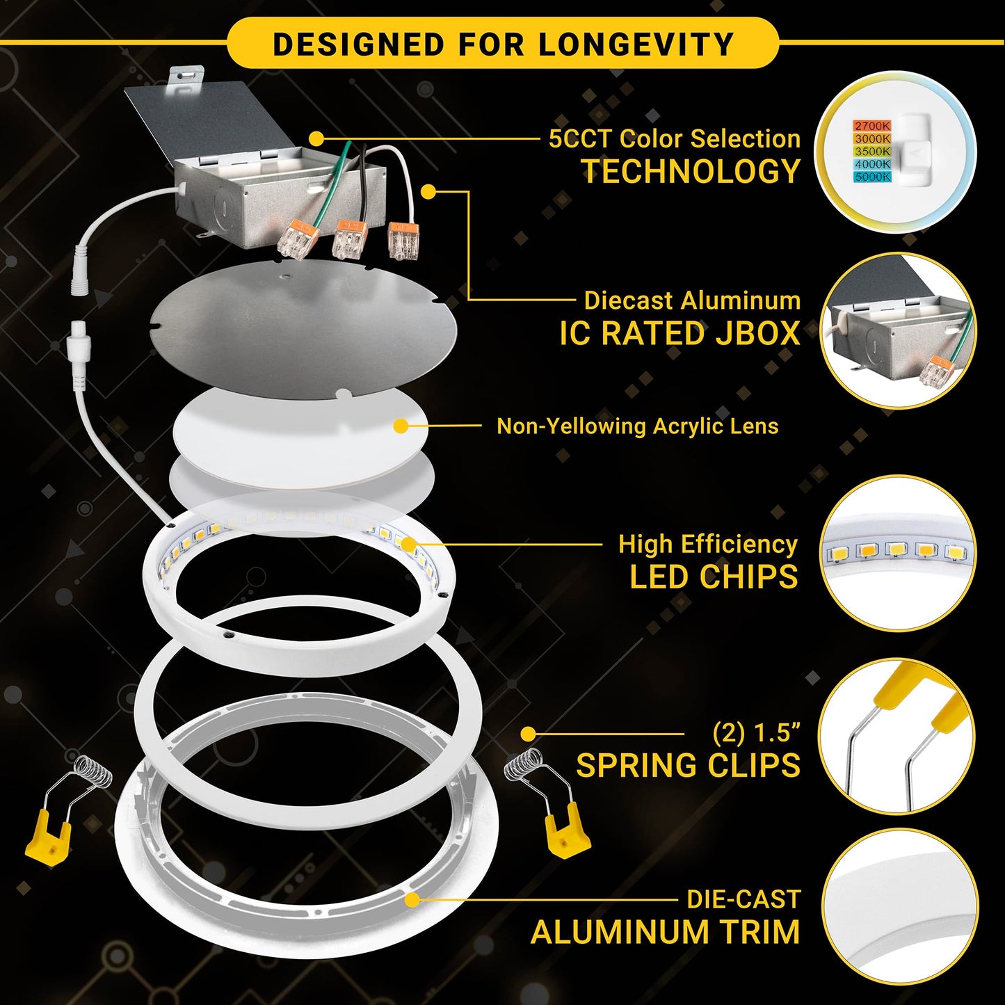 NuWatt 12 Pack, 4 Inch Canless Gimbal LED Recessed Lighting, 5CCT 2700K/3000K/3500K/4000K/5000K Selectable, 630 Lumen, Dimmable, Adjustable Eyeball Wafer Lights for Sloped Ceilings, Metal Junction Box