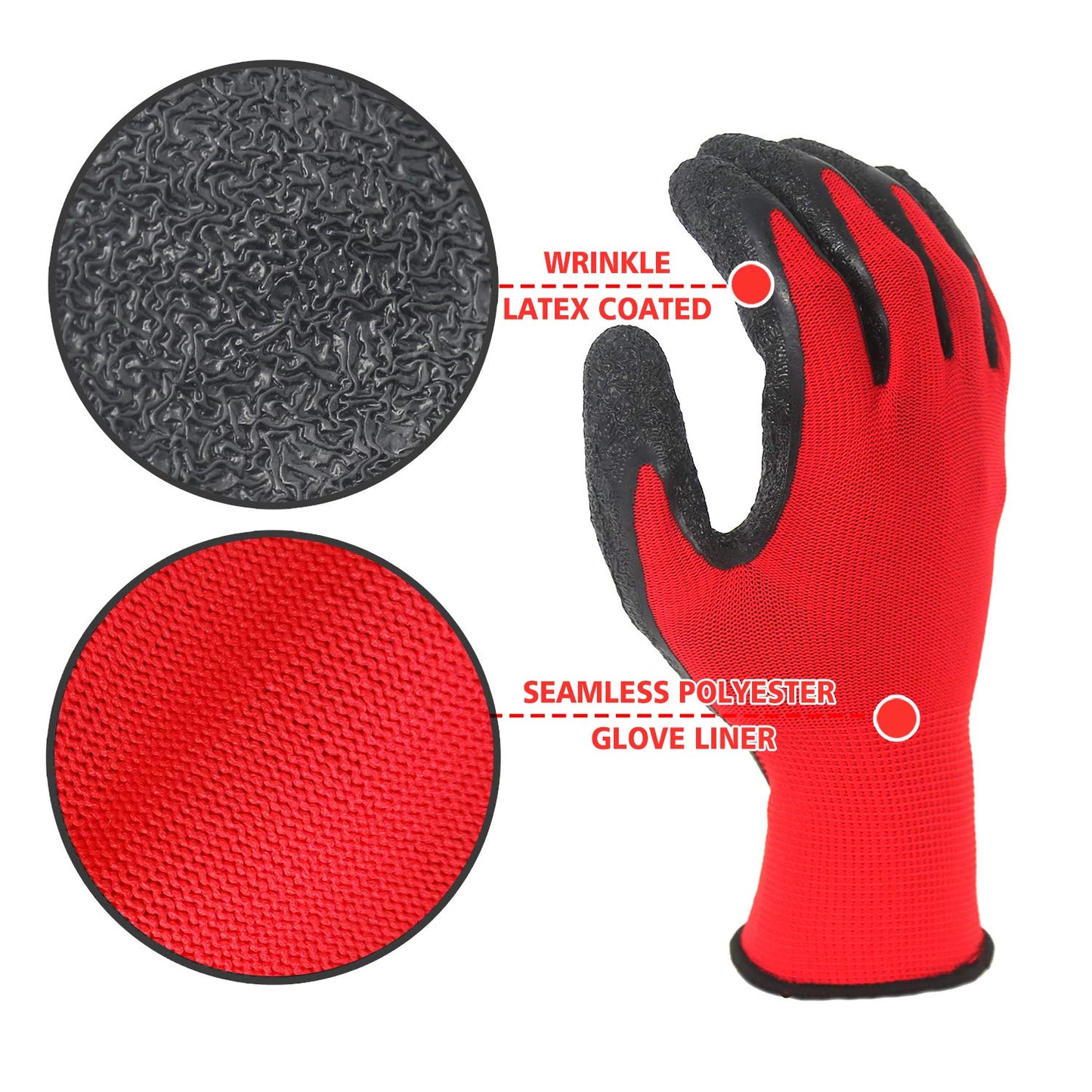 Evridwear Crinkle Latex Rubber Hand Coated Safety Work Gloves for Men Women General Multi Use Construction Warehouse Gardening Assembly Landscaping,Red Large 12 Pairs Pack
