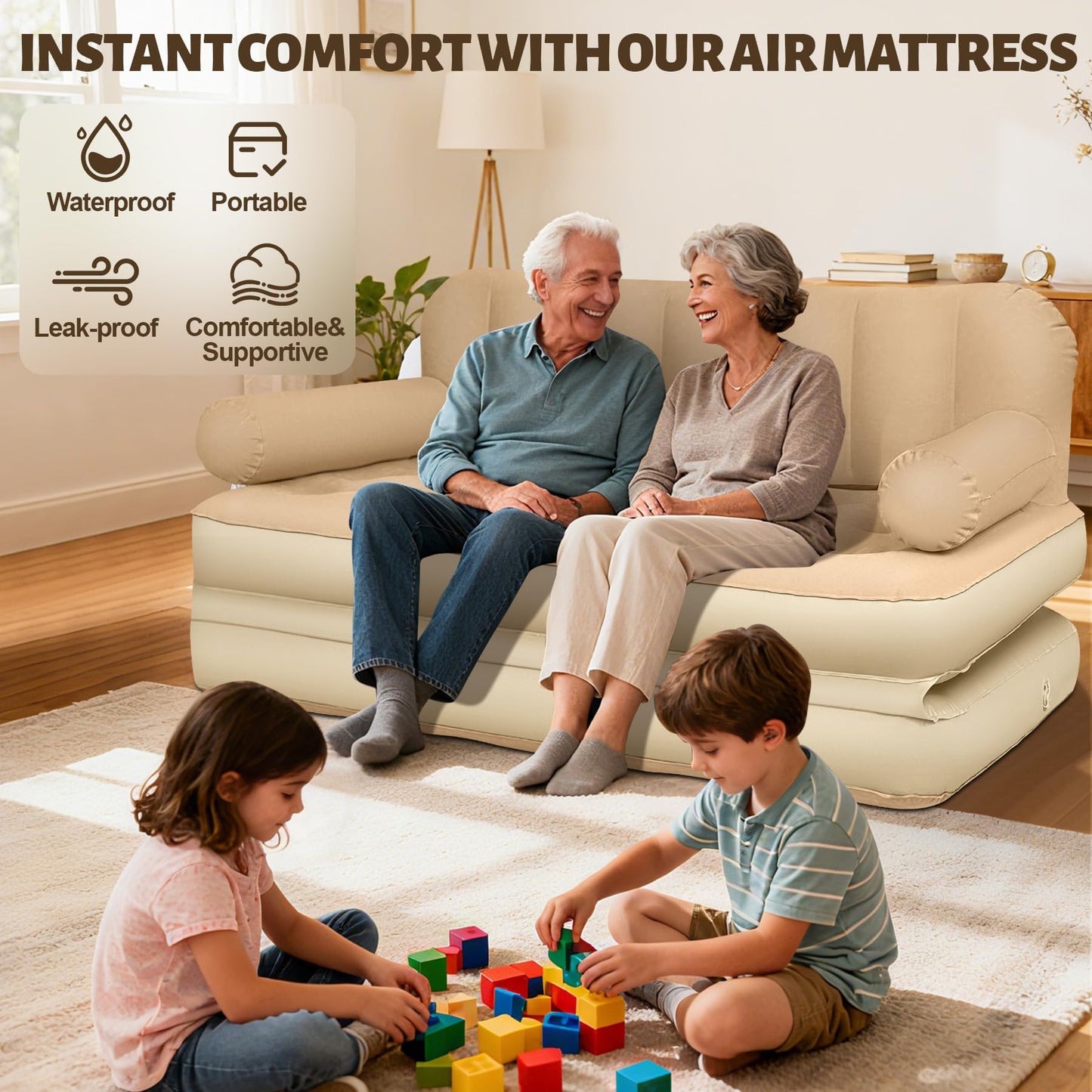 ChlorBlu Queen Size Air Sofa Bed Mattress with Headboard and Pump, Flocked Surface Blow Up Couch Inflatable Bed for Home,Folding Inflatable Couch for Camping, 2-in-1 Valve Inflatable Sofa 73"x61"x32''