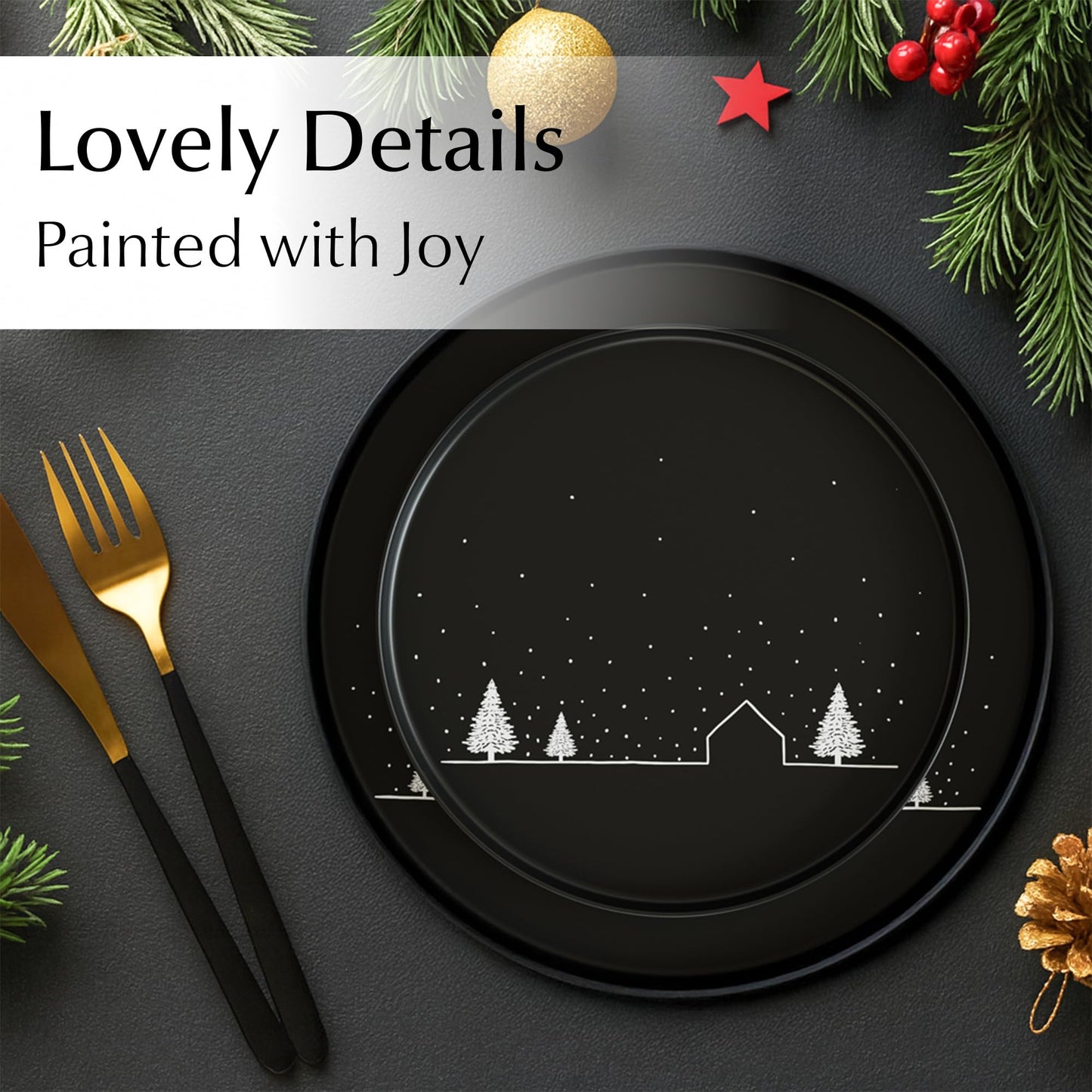 MIAMIO – Christmas Dinnerware Set 12-Piece/Christmas Plates Set with Mugs in minimalist holiday design (Service for 4) / Dishwasher and Microwave Safe – Vinter Collection