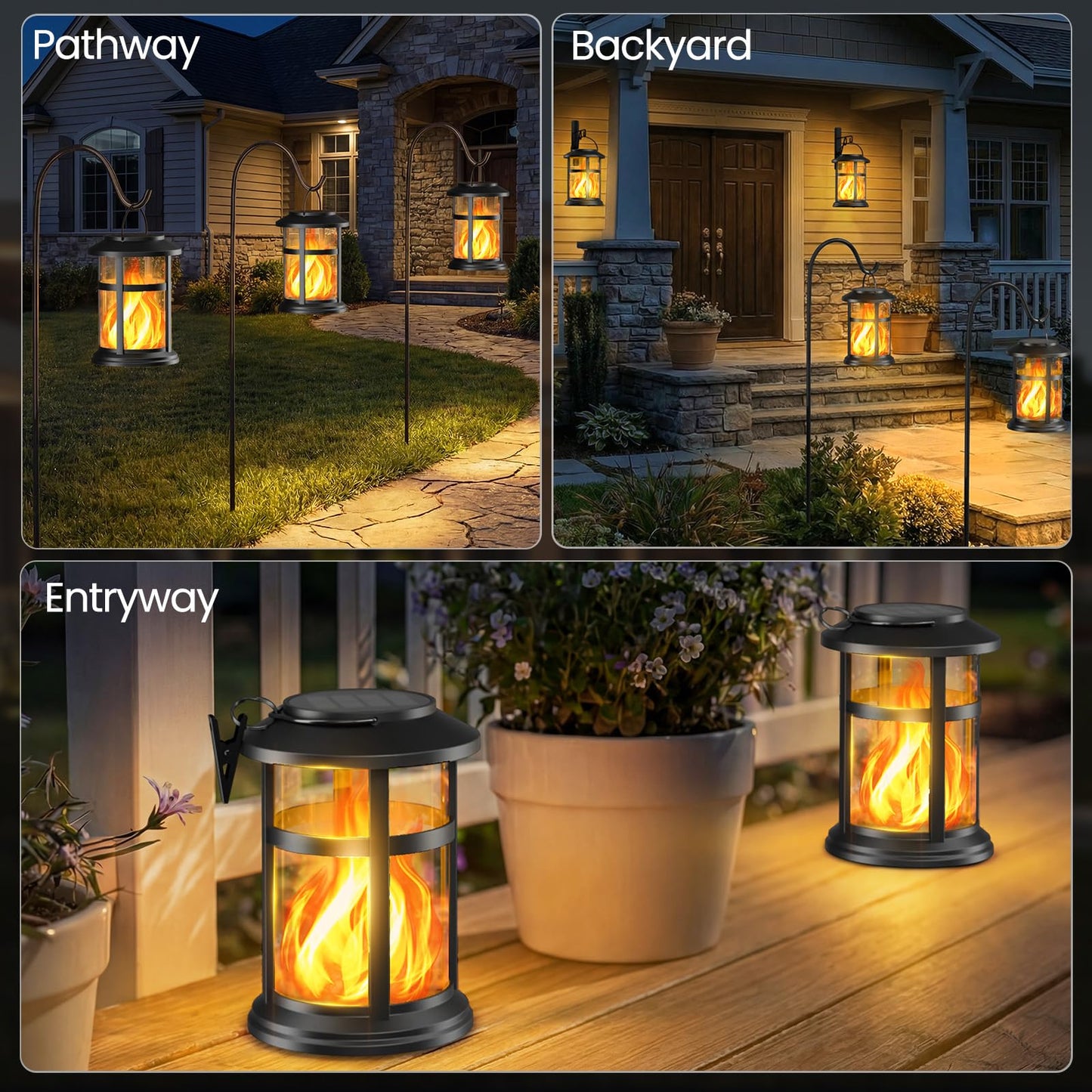 Otdair 4 Pack Solar Lanterns Outdoor Waterproof, Upgraded Flickering Flame Hanging Solar Lights for Outside, Solar Powered Lantern for Patio Yard Garden Porch Decor, Gift for Mom Housewarming