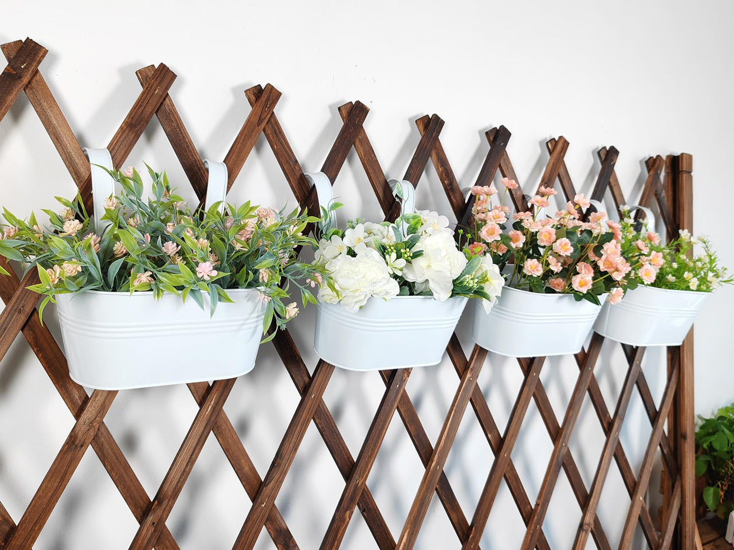 Joyfernal 12" Balcony Railing Planters, Outdoor Hanging Planter for Fence, Stylish Metal Porch Deck Flower Pot for Herbs & Succulents (White, Pack of 4)