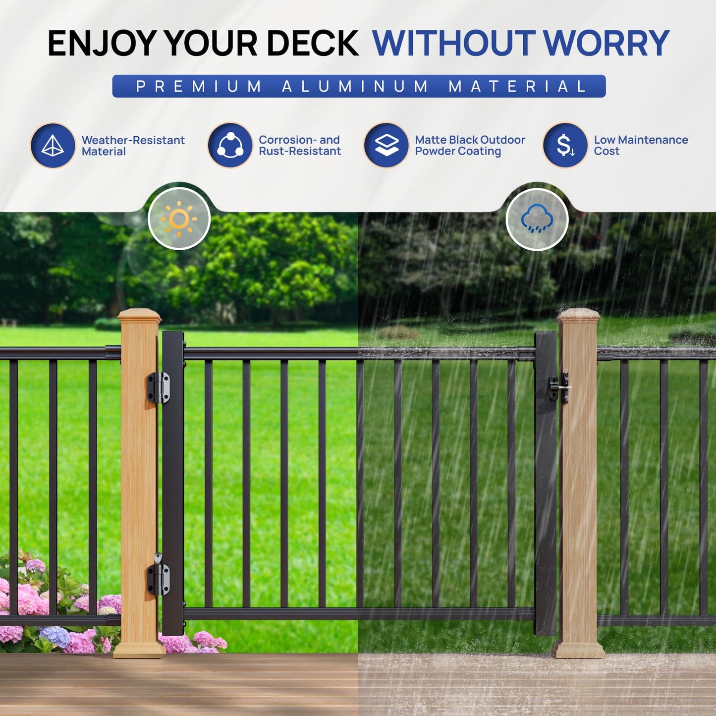 Egadis 4 ft. W Aluminum Deck Gate Kit for 36in. H Railing, Cuttable Black Textured AAMA2604 Powder-Coat Finish Outdoor Gate Kit with Latch and Auto-Closing Hinge for Deck, Patio, Garden, Yard, Porch