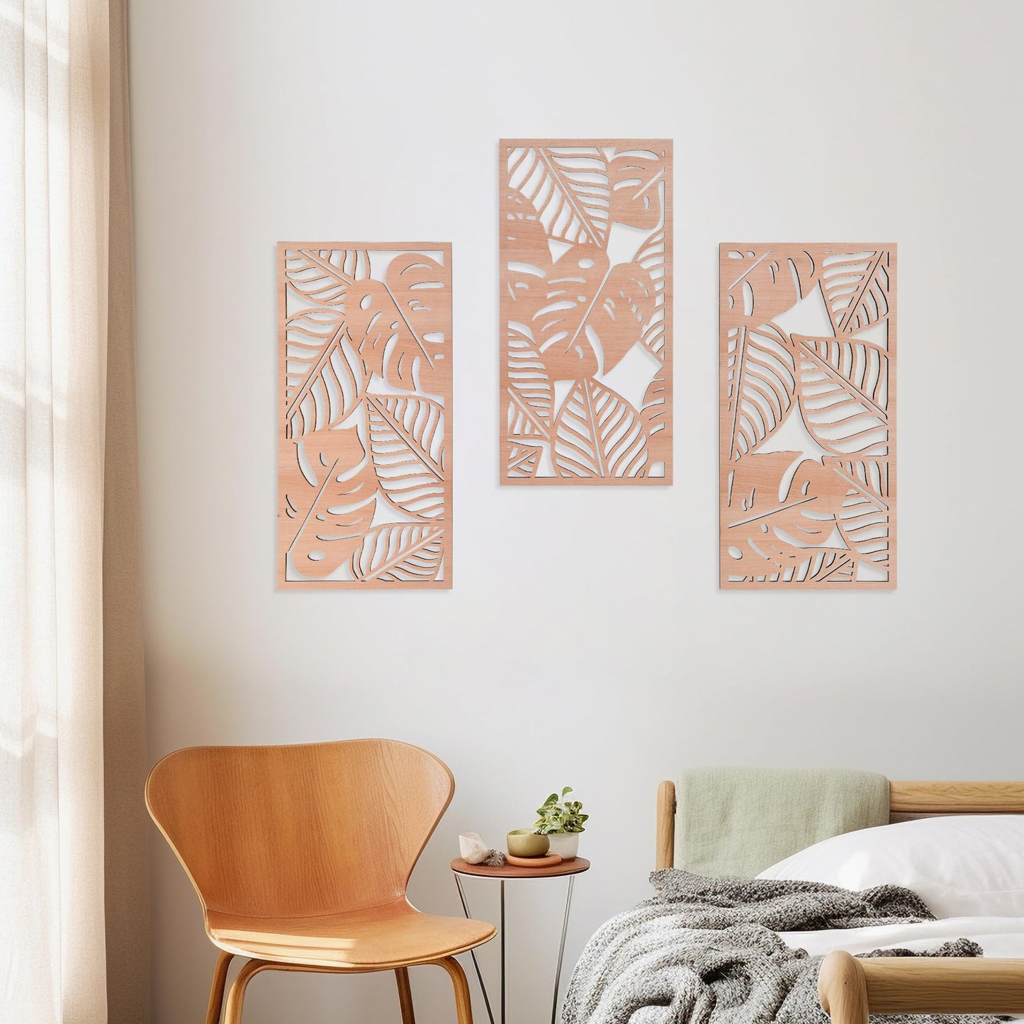 Tropical Decor 3D Wood Wall Art Set of 3, Carved Palm Tree Coastal Wall Decor, Hawaiian Wooden Wall Art for Bedroom, Bathroom, Living Room (Palm Leaf Cutout - 15.7 x 7.87 inch)