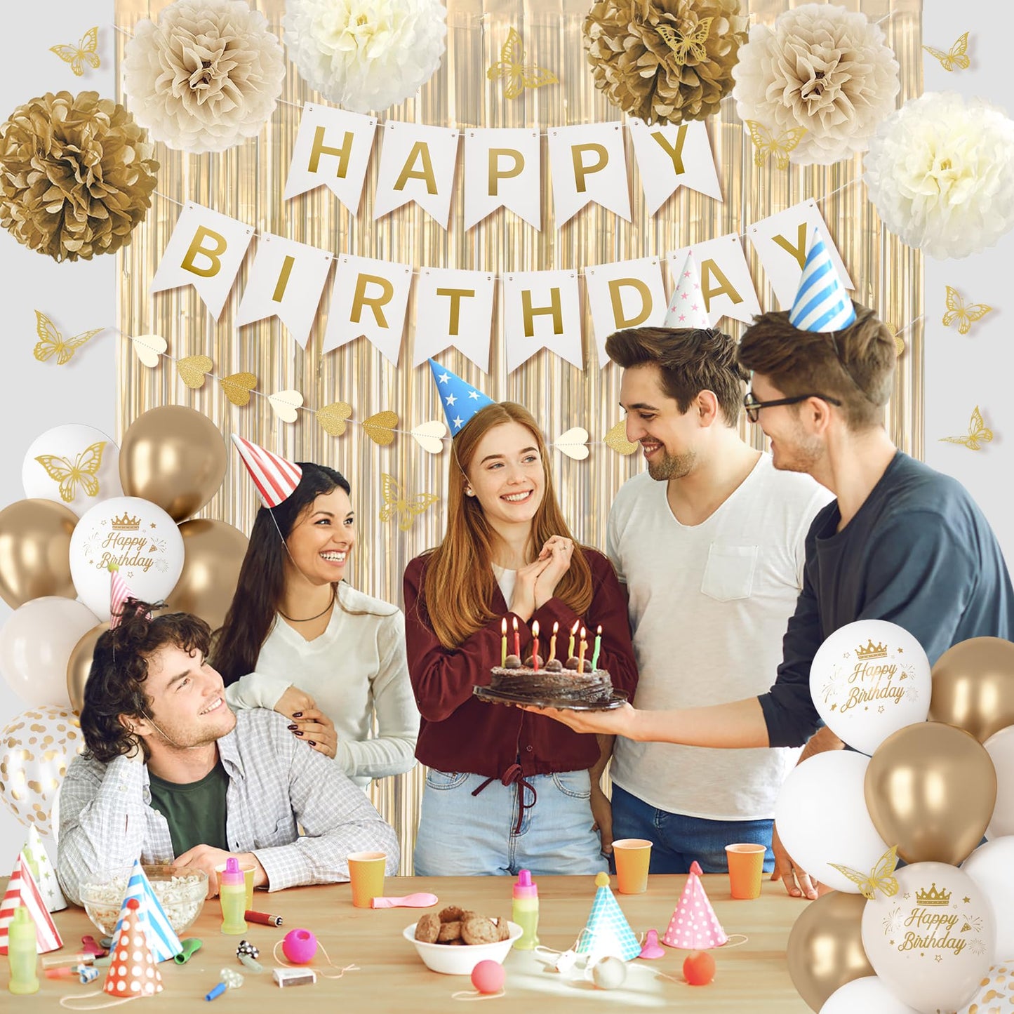 White and Gold Birthday Decorations for Women Girls, Gold White Sand Confetti Metallic Printed Balloon Butterfly Sticker Fringe Curtain Happy Birthday Banner Heart Garland Paper Pompom Party Supplies