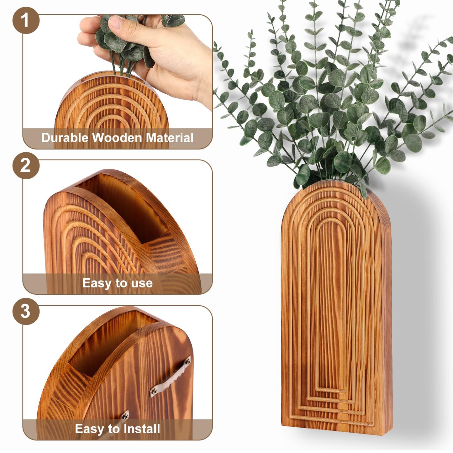 2 Pack Wood Wall Planter Vase Set with Artificial Eucalyptus,Wooden Wall Vase Modern Hanging Planters Boho Wall Mounted Indoor Planter Stand Holder for Living Room,Entryway,Hallway Decor(Light Brown)