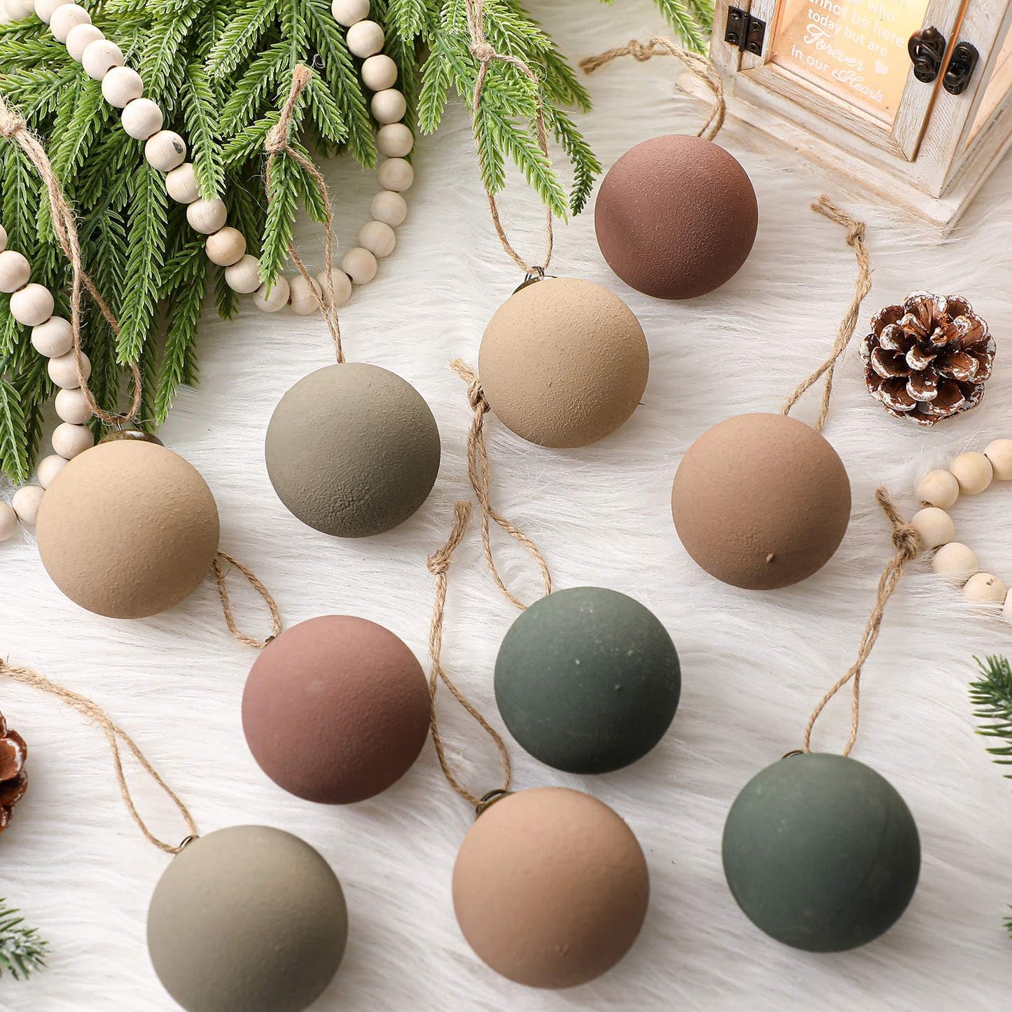 15 Pcs Neutral Matte Christmas Ball Ornaments 2.36'' Textured Rustic Boho Brown Taupe Pine Green Xmas Ball Ornaments Modern Christmas Decor Shatterproof Hanging Tree Decor for Home Indoor
