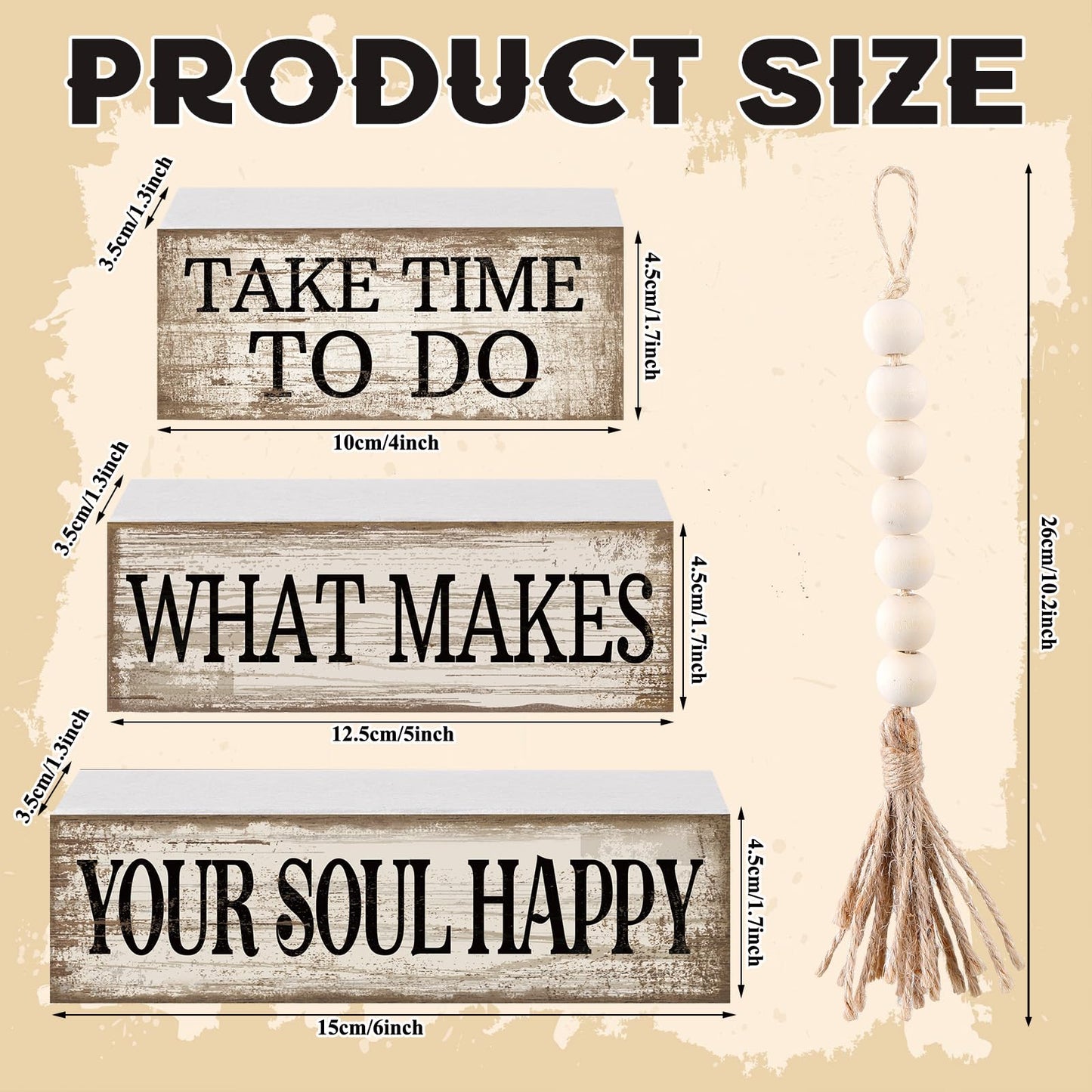 Yuntau 4 Pcs Farmhouse Tabletop Decoration Inspirational Farmhouse Tiered Tray Decor Rustic Retro Wood Bead Garland Take Time to Do What Makes Your Soul Happy Block Centerpiece Sign for Home Shelf