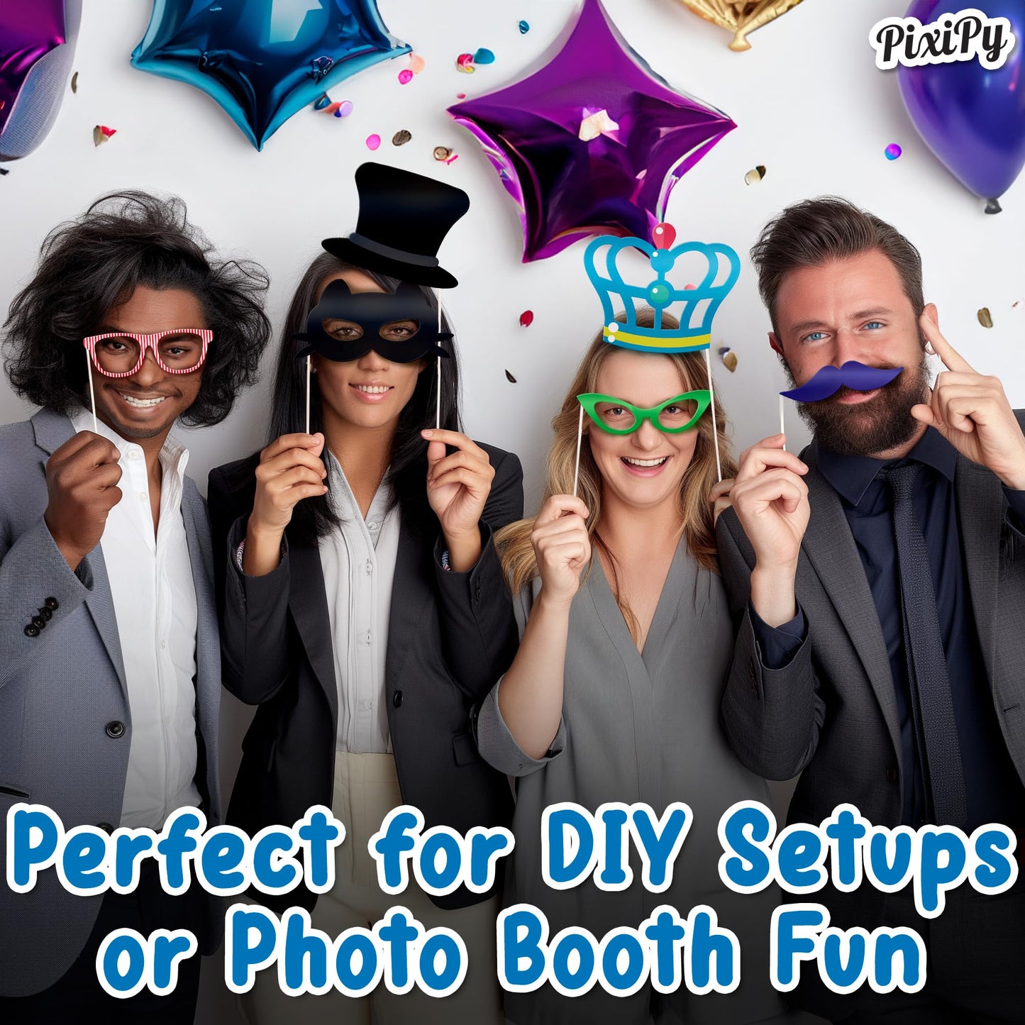 Photo Booth Props - 66 Piece Multicolor Kit - Fun Selfie Party Accessories - Mustaches, Hats, Lips & More - by PixiPy