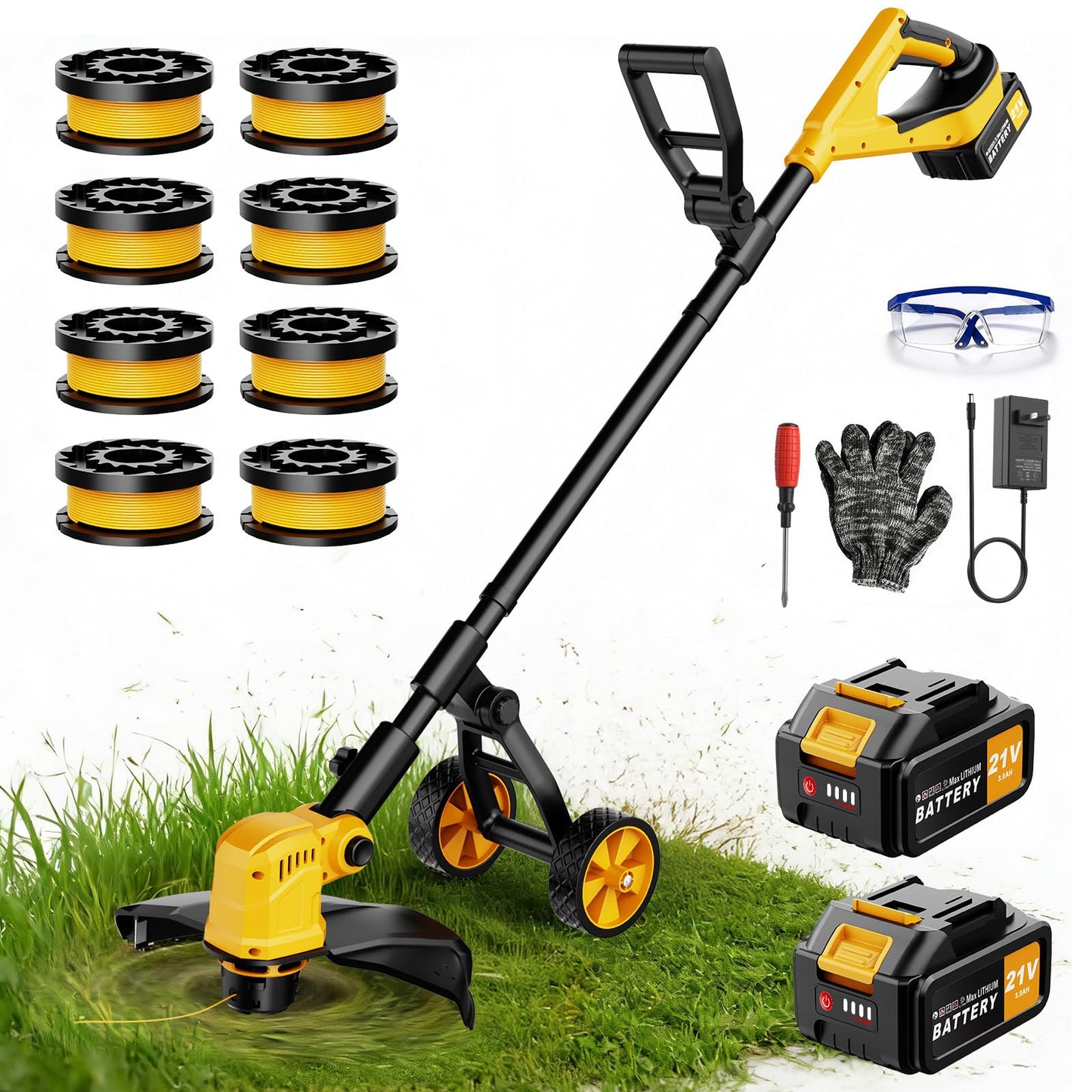 Cordless String Trimmer with Wheels, 14-Inch 2x3.0Ah 21V Battery Powered Weed Eater, Electric Lawn Mower Weed Wacker, Brush Cutter Grass Trimmer for Garden Yard