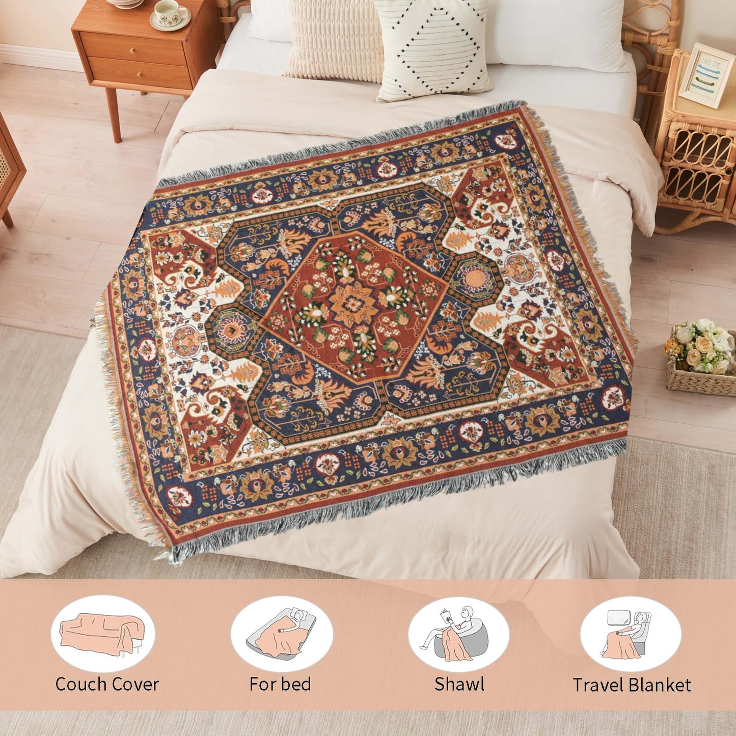 Shesyuki Boho Throw Blanket Reversible Cotton Bohemian Tapestry Hippie Room Decor Outdoor Blanket Double Sided (Boho Patten 50"x60")