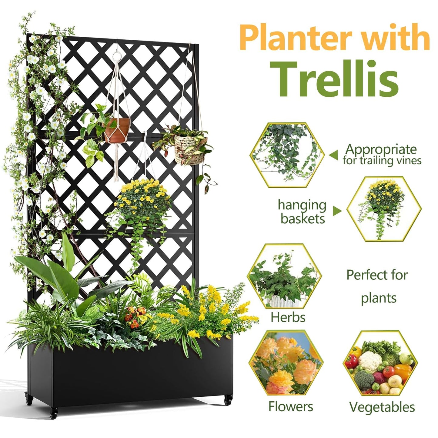 PeacefulHues Metal Planter Box, Galvanized Raised Garden Bed with Wheels & Trellis - 72"x35" Planter Box for Climbing Plants, Vines, Flowers, Black