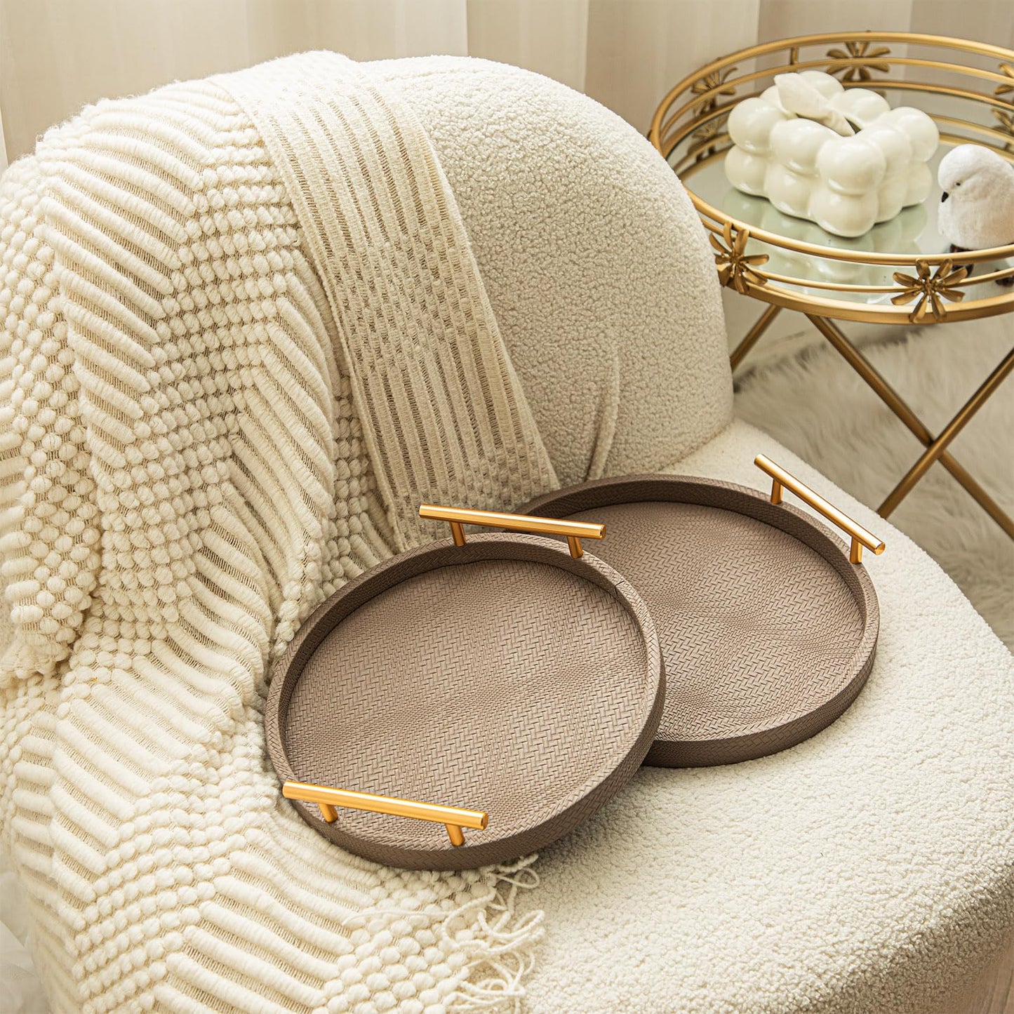 MACVAD 2 Piece Coffee Brown Round Serving Tray with Handles, Woven-Texture Faux Leather Ottoman Tray for Living Room, Decorative Tray for Coffee Table Home Decor