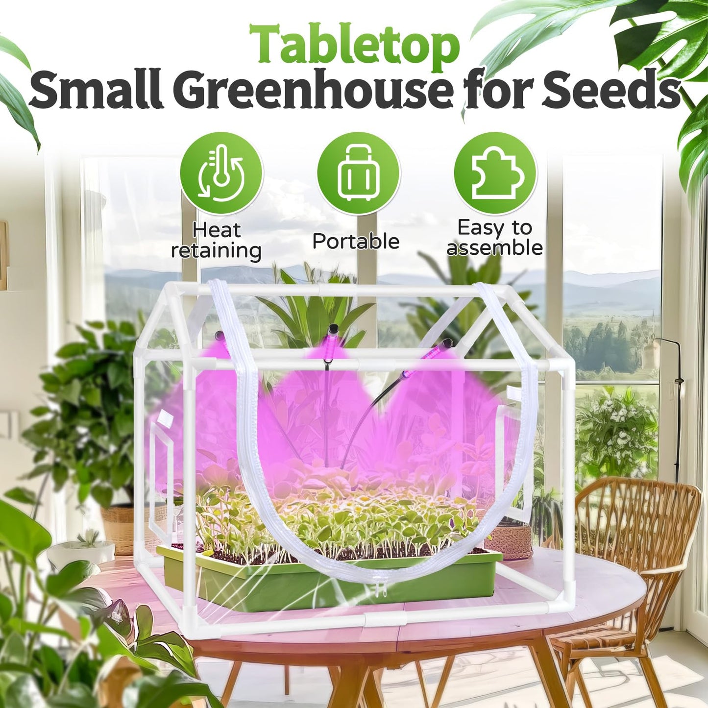 Vercome Indoor Mini Greenhouse with Grow Light, Tabletop Small Greenhouse for Beginners, All-in-One Tiny Plant Nursery Kit with Adjustable LED Light & Timer, Smart Grow Tent for Herbs, Gardening Gift