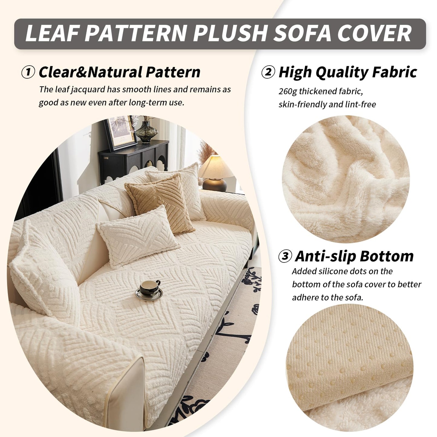 PJLZJFBY Sectional Couch Cover, Non-Slip Sofa Cover Plush Warm, Funny Fuzzy Pet Couch Covers for Sofa(2-3 Seater), Leaf Pattern Couch Protector for Dogs Washable(1PC, Beige White, 27.6"×70.9")