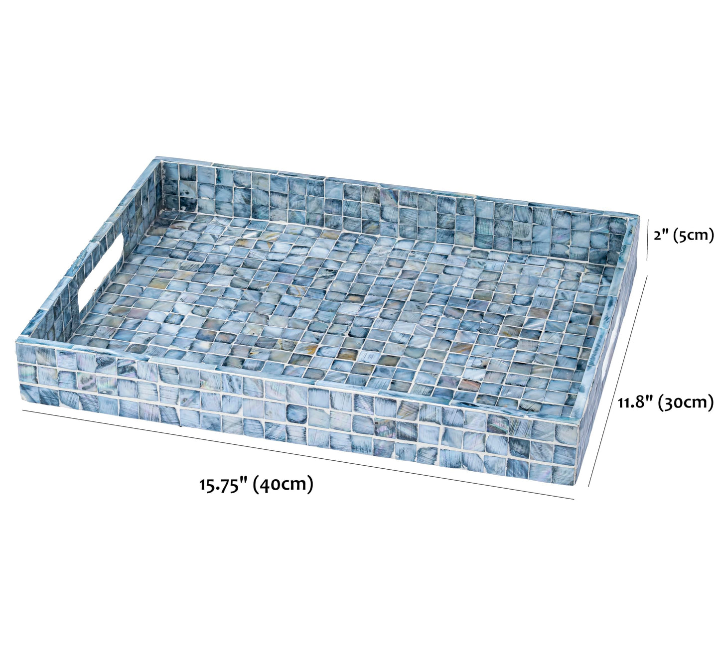PEMAR Rectangular Mother of Pearl Serving Tray Nacre Wood Lap Ottoman Tray for Coffee Table, Luxury Decorative Handmade Eating Platters w Insert Handles (Blue Mosaic)