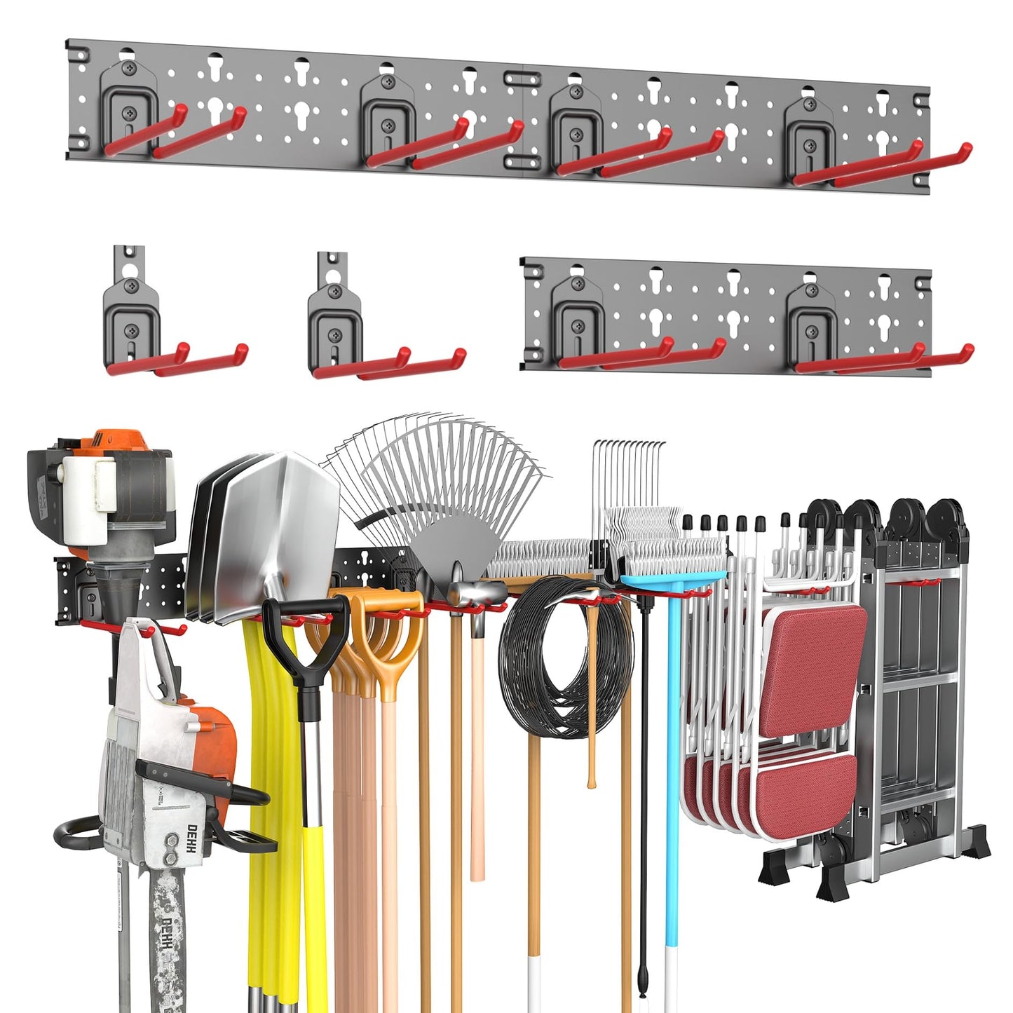 TORACK Garden Tool Organizer Wall Mounted, Garage Folding Chair Storage Rack, Tools Rack for Shovels, Rakes, Broom, Ladders, Hooks for Keyhole Style Shelving Unit(13 pcs)