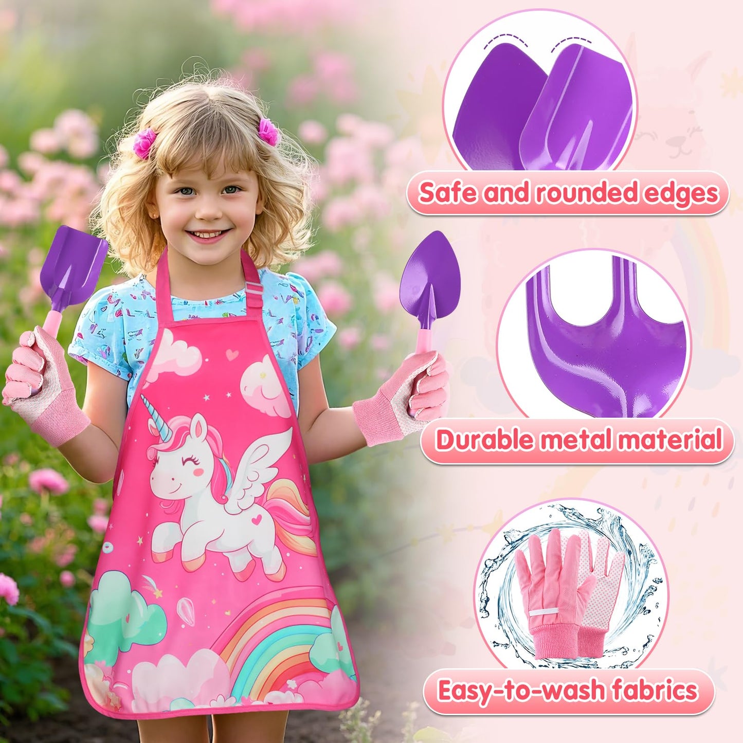 Kids Gardening Tool Set - Garden Tools for Kids with Shovel Trowel Rake Apron Gloves Watering Can and Tote Bag, Outdoor Toys Great Gifts for 3 4 5 6 7 8+ Years Old Girls (Unicorn Style)