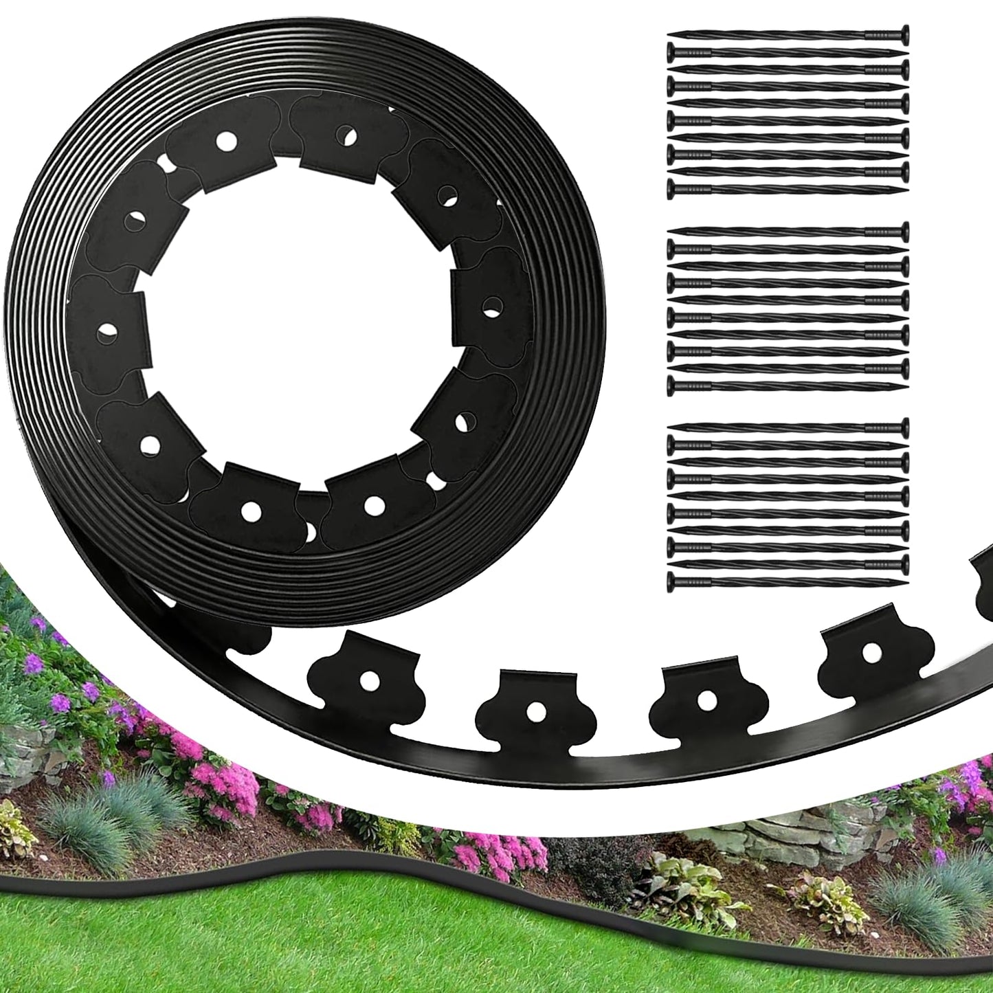 Landscape Garden Edging Kit with 60 Spikes, 4In Tall 66FT Garden Edging Border for Garden, Flower Beds, and Lawn Easy Cutting (Black, 66ft)