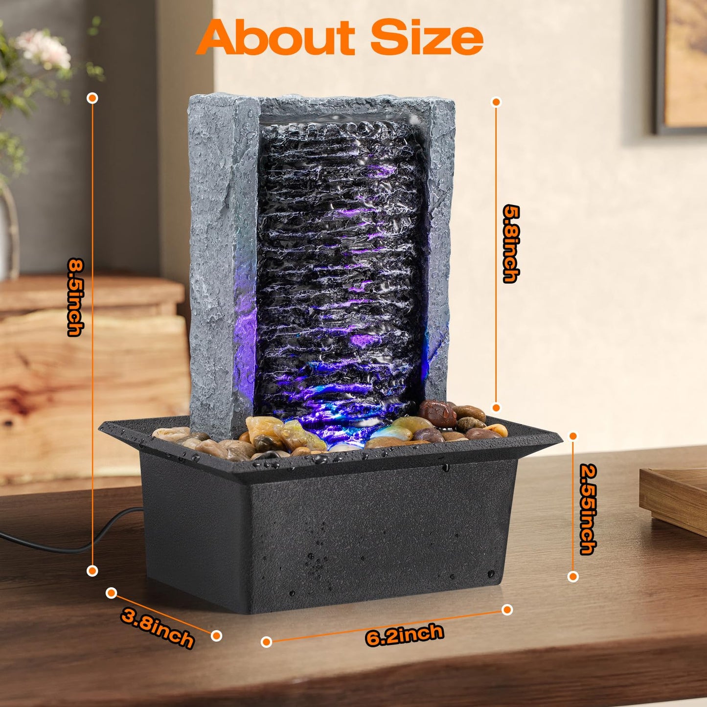 Tabletop Fountain Indoor Waterfall Rock Fountain LED-Lights Water Feature Waterfall for Modern Home and Office Indoor Decoration