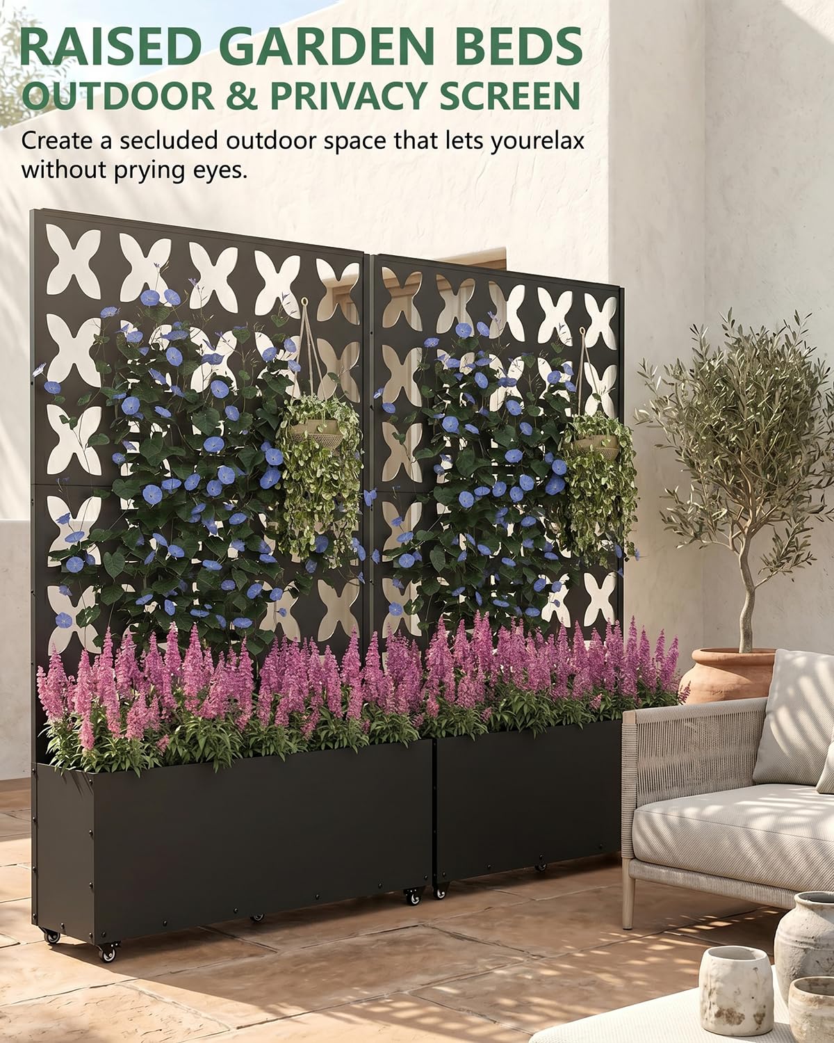 FOLAWO 2PCS Metal Planter Box with Trellis,70.9"x47.2"x15.7" Raised Garden Bed with Drainage Holes, Privacy Planters for Outdoor Garden Bed for Climbing Plants,Vegetables,and Vines, Black-X