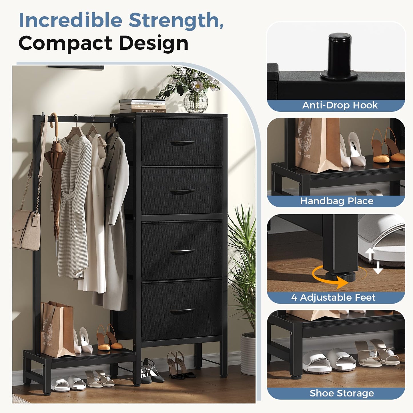 OLIXIS 4 in 1 Storage with Hanging Rack, Clothes Rack Shoes Rack, Bag Hook, Tall Storage Tower, Sturdy Frame for Bedroom Entryway Living Room Black