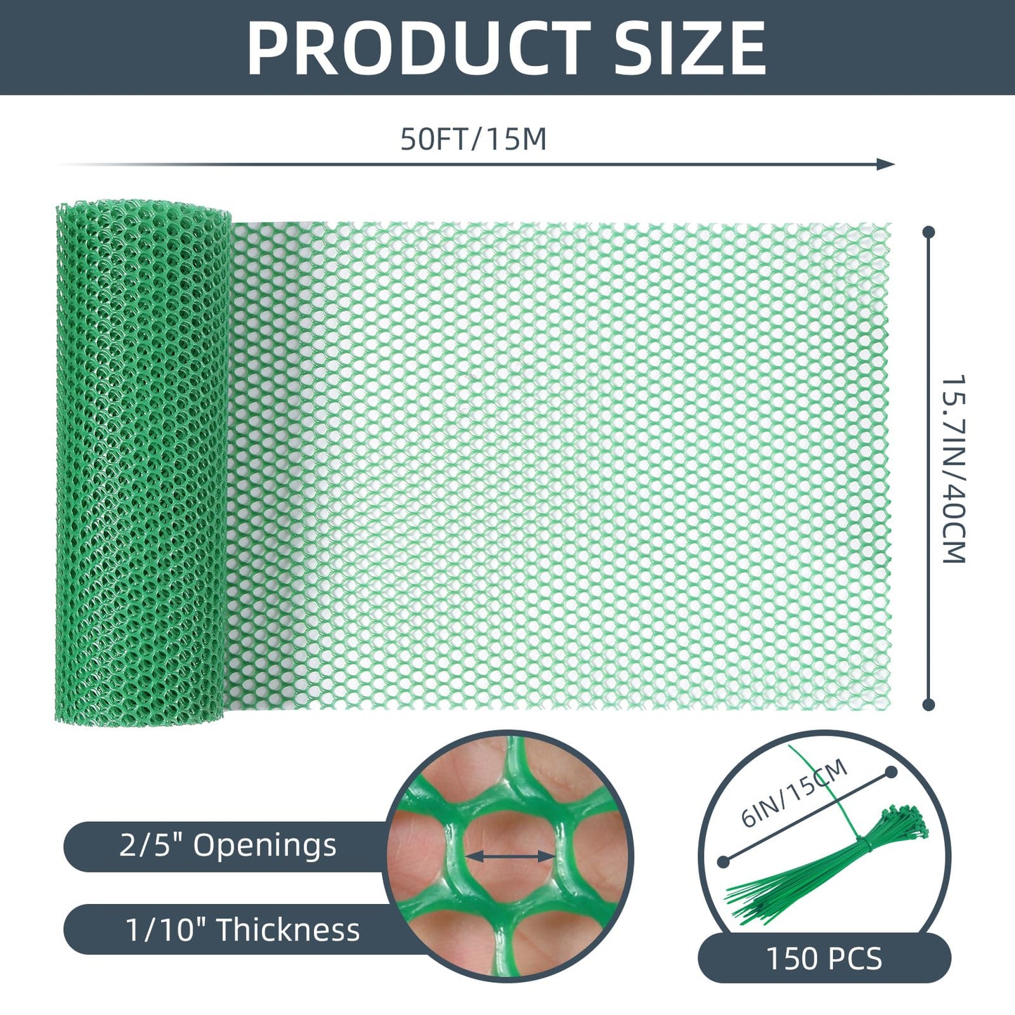 Plastic Wire Mesh Fence, 1.3ft x 50ft /15.7in x 600in Plastic Chicken Wire Fence Mesh Versatile Plastic Fencing Wire Netting Poultry Animal Barrier Fence with 150 Zip Ties for Garden & Farm, Green