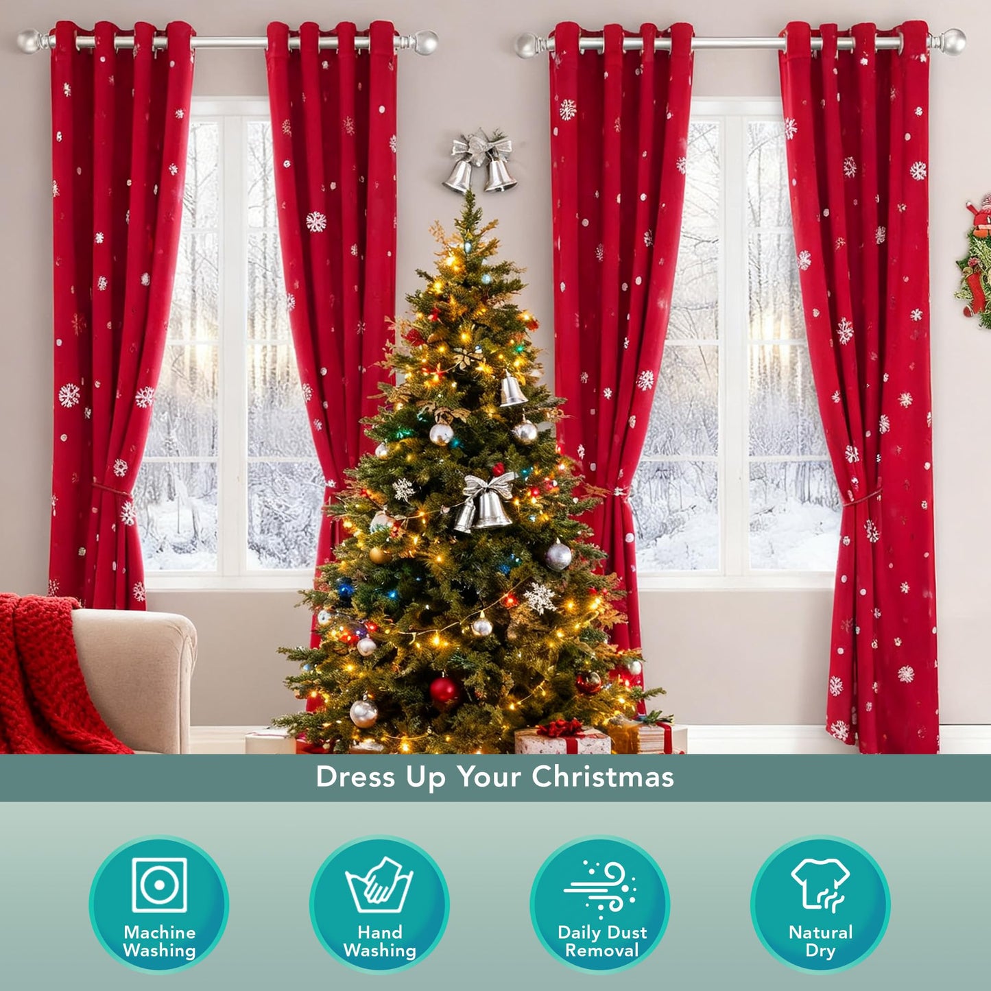 LORDTEX Snowflake Foil Print Christmas Curtains for Living Room and Bedroom - Thermal Insulated Blackout Curtains, Noise Reducing Window Drapes, 52 x 84 Inches Long, Red, Set of 2 Curtain Panels