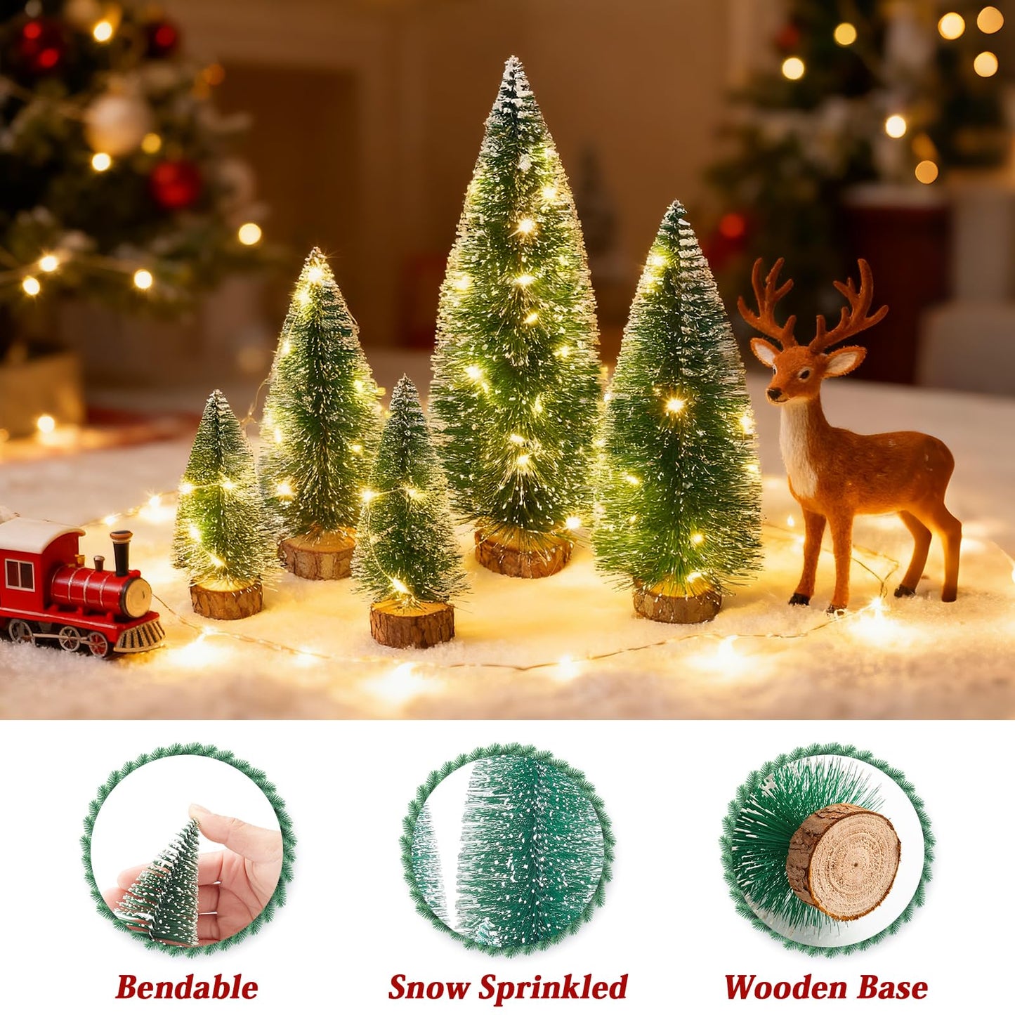 Mini Christmas Tree with Lights, Small Table Top Decorations, Desktop Miniature Pine Tree Xmas Holiday Decor Indoor Home, Bottle Brush Trees with Wooden Base, 5 Pcs with Light