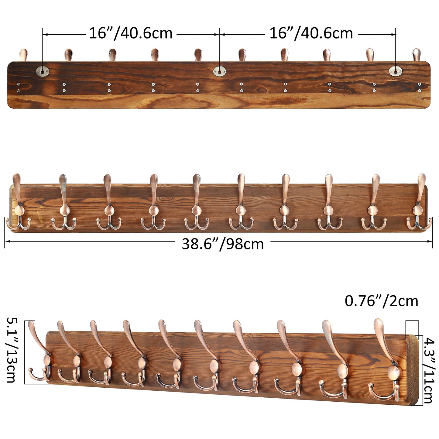 SKOLOO Coat Rack Wall Mounted - 38.6" Long, Wooden, Heavy Duty, Rustic Coat Hooks for Wall, Coat Rack with 10 Triple Hooks for Hanging Clothes, Jacket, Hat(Brown & Retro Red)