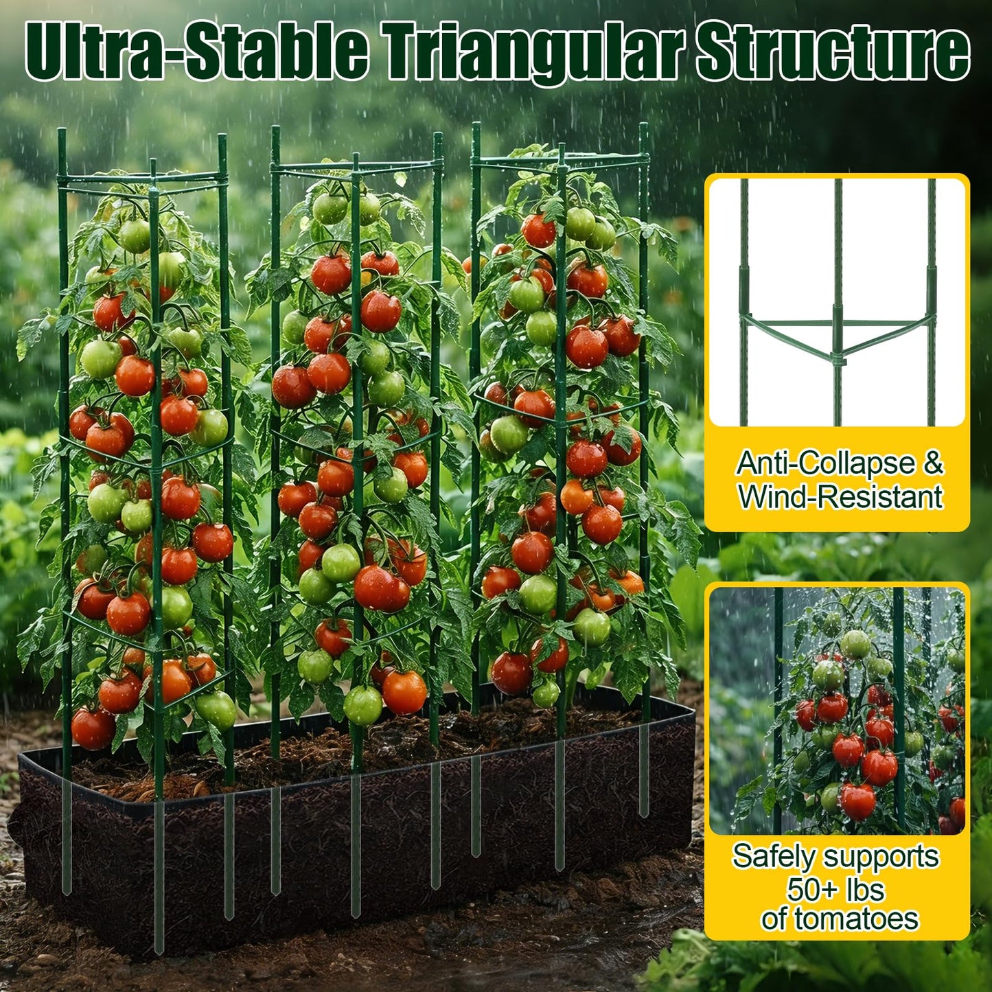 BobbleT 3 Pack Heavy Duty Tomato Cages with 57 Gallon Grow Bag, 48" Adjustable Tomato Trellis for Raised Garden Bed, Sturdy Triangle Plant Support for Climbing Vegetables, Cucumbers & Garden Plants