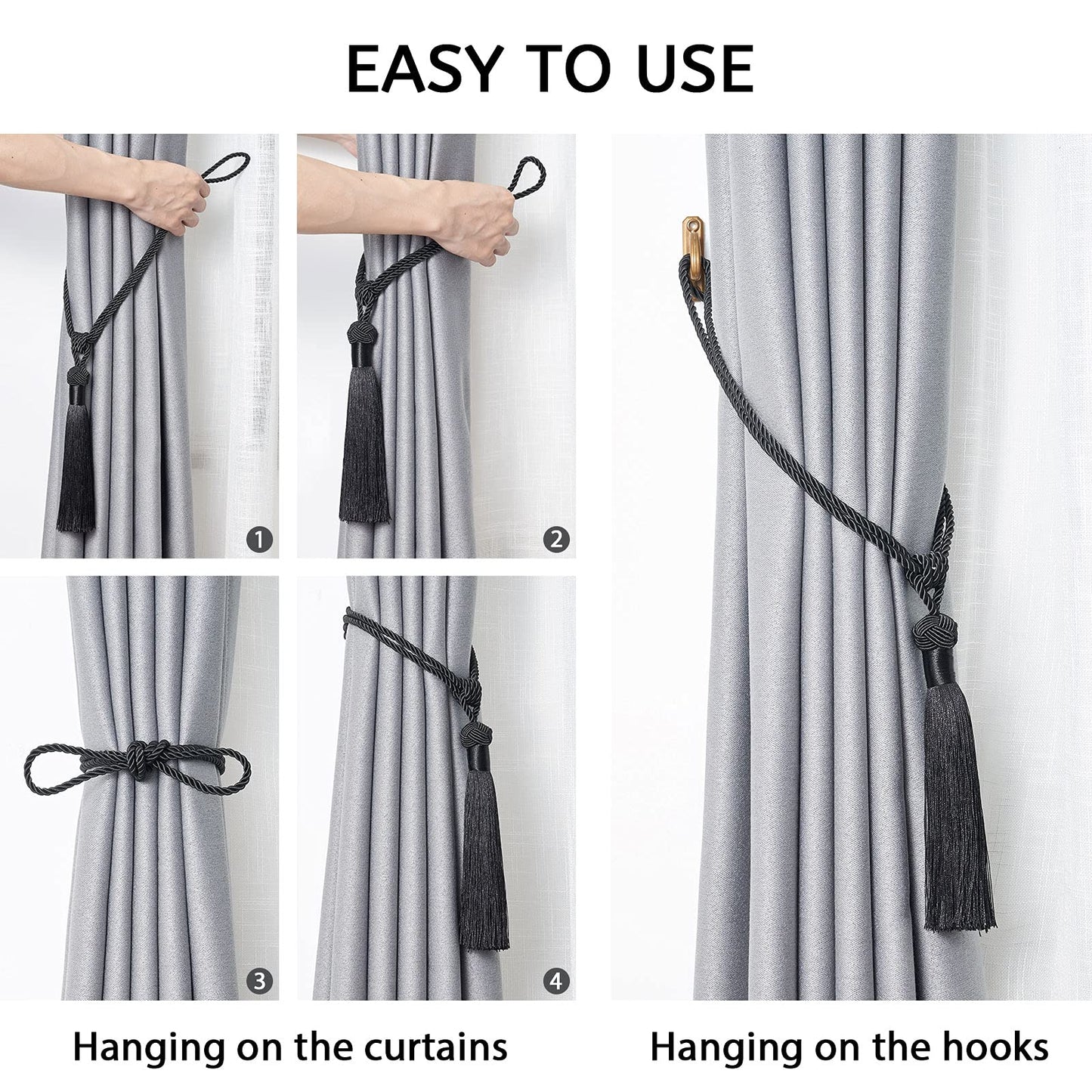 NICEEC 2 Pack Long Tassel Curtain Tiebacks Handmade Braided Rope Knot Drape Tie Backs European Style Decorative Curtain Holdbacks for Home & Office Window Drapery (Black)