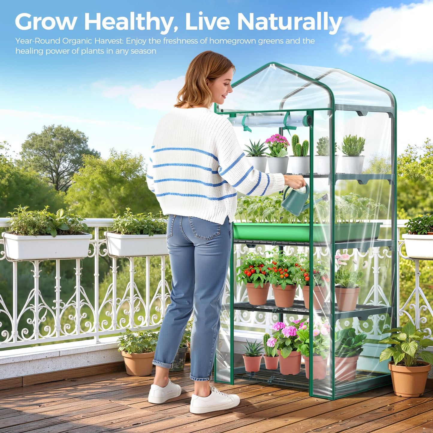 Mini Greenhouse for Outdoors Indoor: 27 x 19 x 62-Inch Ohuhu Small Green House with 4 Tier Shelves, Portable Plastic Greenhouses with Heavy Duty Transparent PVC Cover for Seedling Patio Porch Balcony