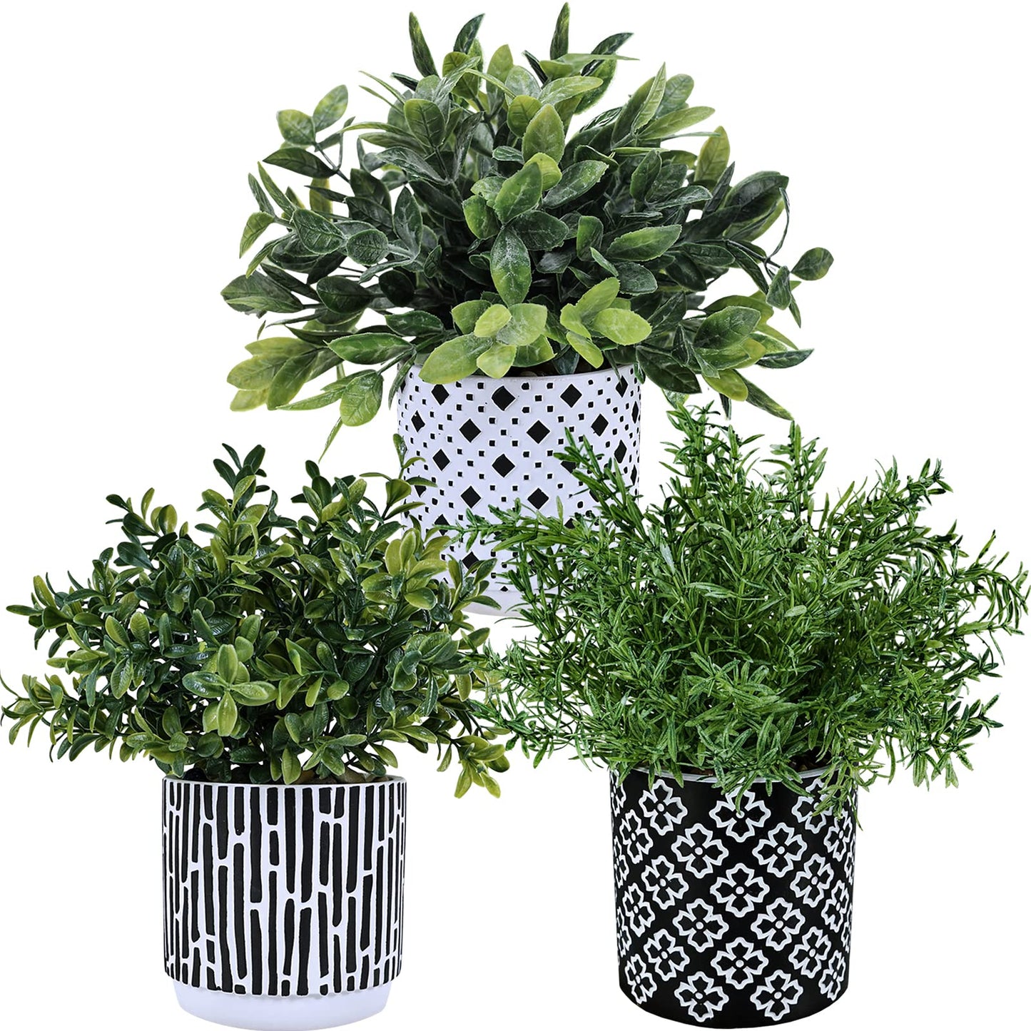 Winlyn 3-Pack Artificial Potted Plants - Faux Eucalyptus, Rosemary, Boxwood Greenery in Small Black & White Geometric Concrete Pots -Desk, Table, Shelf, Windowsill Decor for Indoor Outdoor Home Office