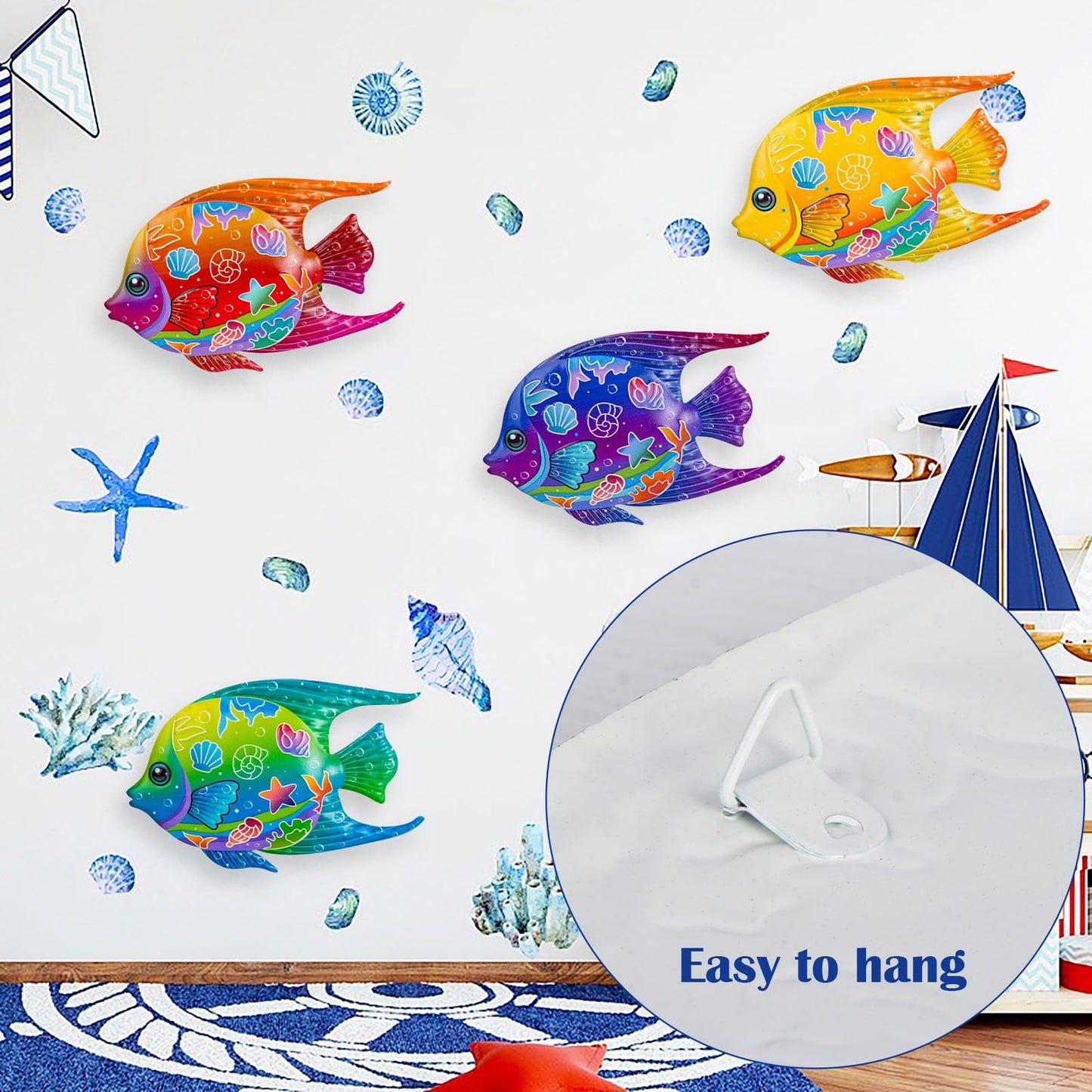 SUNREEK 9 Inches Metal Fish Wall Art, Coastal Beach Nautical Hanging Decor, Outdoor Ocean Pool Wall Decor (4, Fish-A)