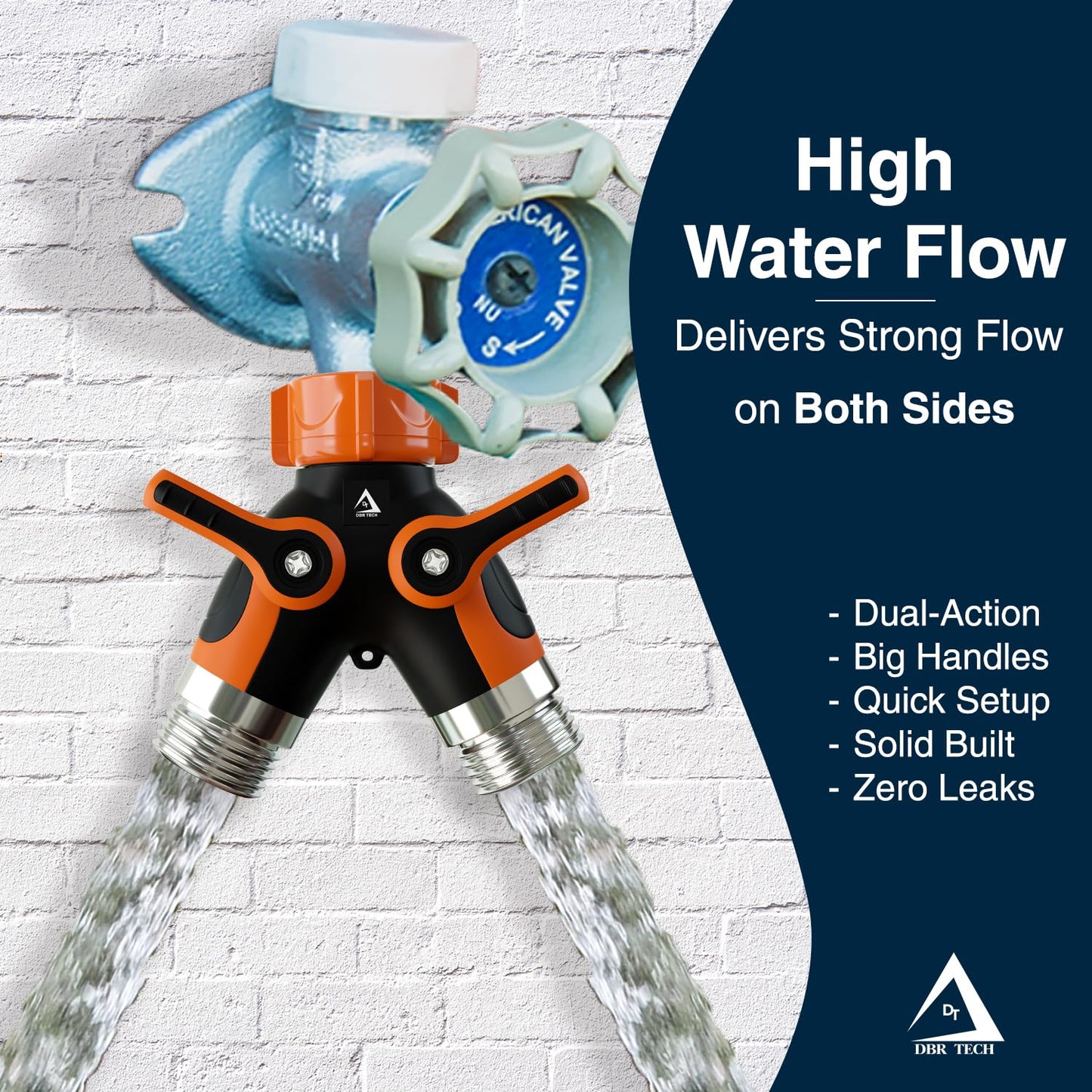 DBR Tech® Hose Splitter 2 Way, Heavy Duty Metal Connector, Two Way Garden Hose Splitter, High Flow Spigot Faucet Bib Adapter, Solid Double Y Shut Off Valve for Outdoor Gardening Hoses, Orange
