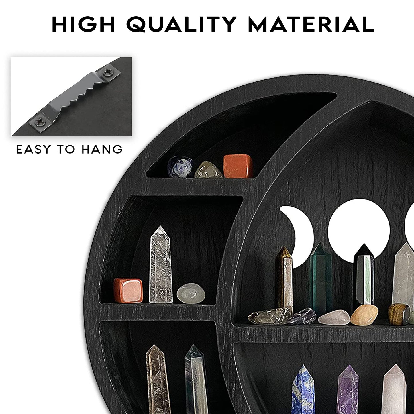 Ella & Emma Wooden Moon Shelf for Crystals - Crescent Moon Crystal Shelf, Storage & Wall Hanging Shelves for Bedroom Aesthetic, Moon Phase Wall Decor & Crystal Display Shelf, Pinewood, Black