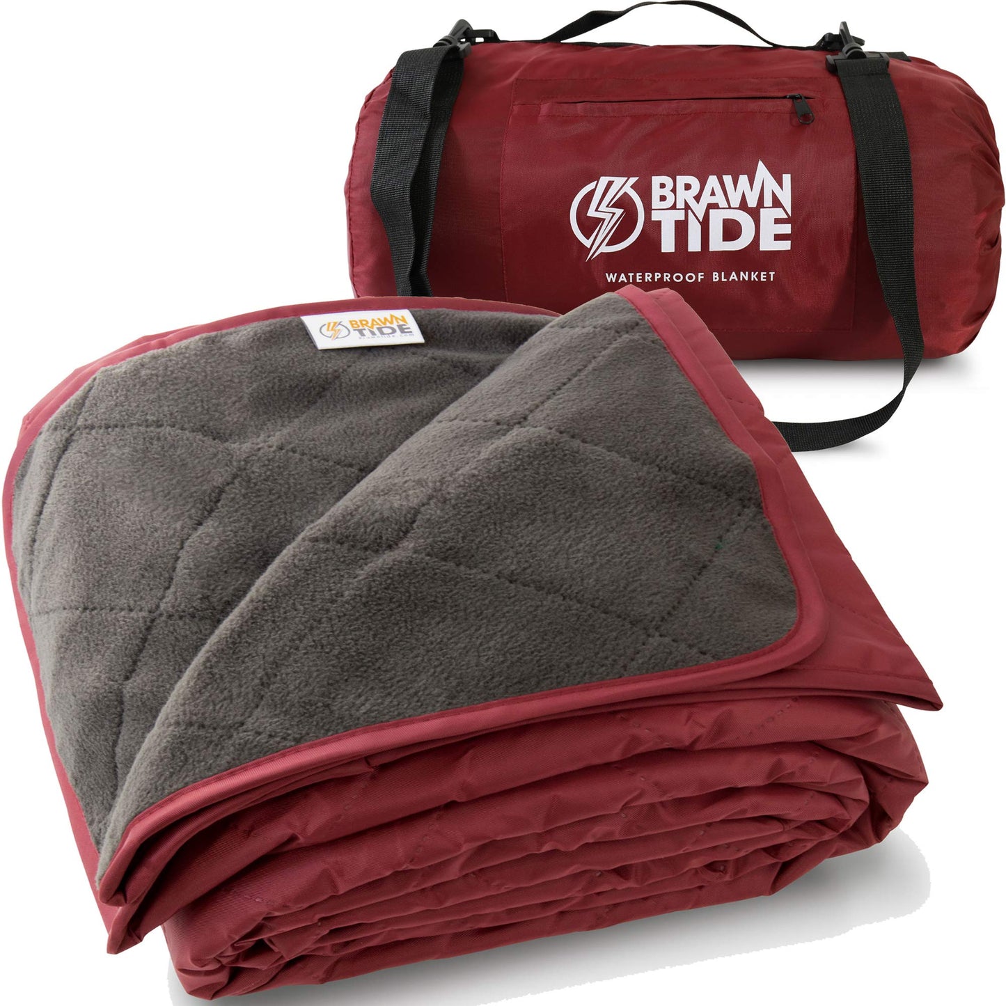 BRAWNTIDE Large Outdoor Waterproof Blanket - Quilted, Extra Thick Fleece, Warm, Windproof, Ideal Stadium Blanket, Camping Blanket, Great for Beaches, Festivals, Parks, Grass, Yoga, Pets, Dogs (Wine)