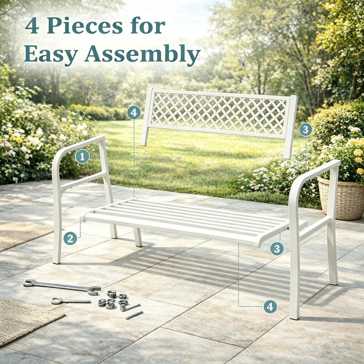 Garvee Outdoor Metal Garden Bench for 2 Person, Heavy Duty Steel Patio Bench 790 Lbs Capacity, Weather Resistant Black Porch Seating with Geometric Backrest, Outdoor Furniture for Yard, Deck, Entryway