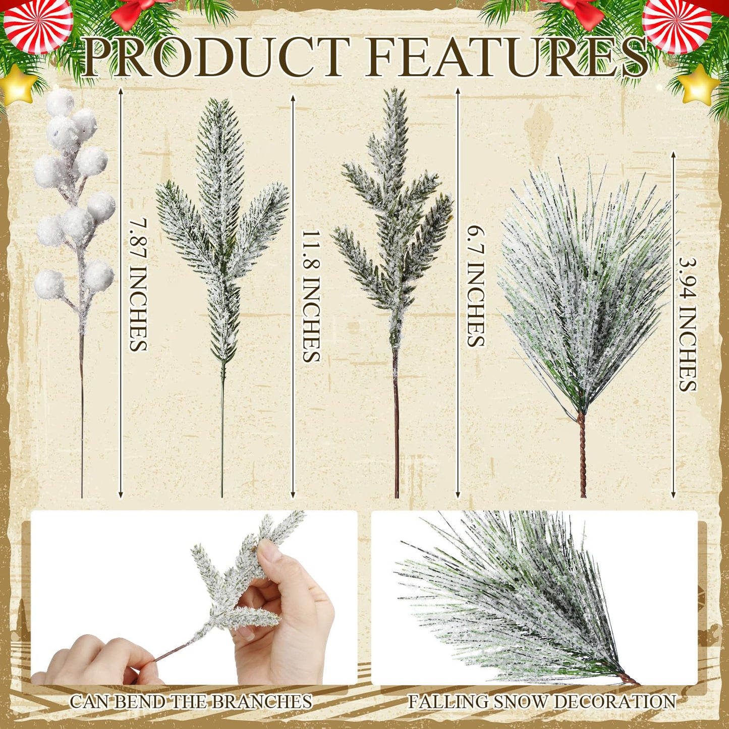 Lyrow 80 Pieces Christmas Snowy Pine Tree Picks Artificial Berry Stems Sprays Faux Cedar Pine Needles Branches for Holiday Arrangement Wreath DIY Garland Holiday Decor Winter Greenery (White)