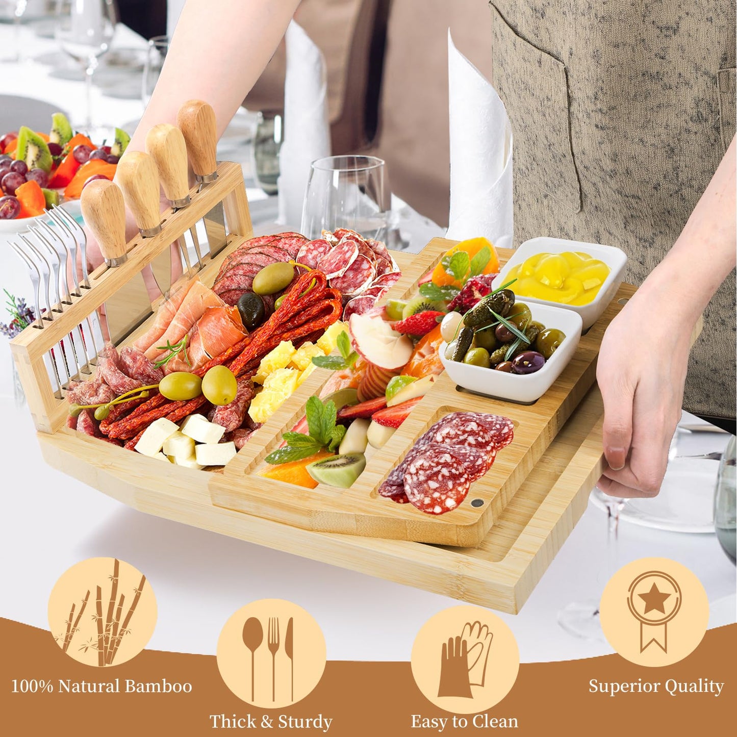 WRINGKIT Charcuterie Cheese Boards Set, Bamboo Cheese Tray Platter with Knife Bowls, Lightweight Meat Cheese Board, Cheese Utensils Included, Unique Wedding for Couple