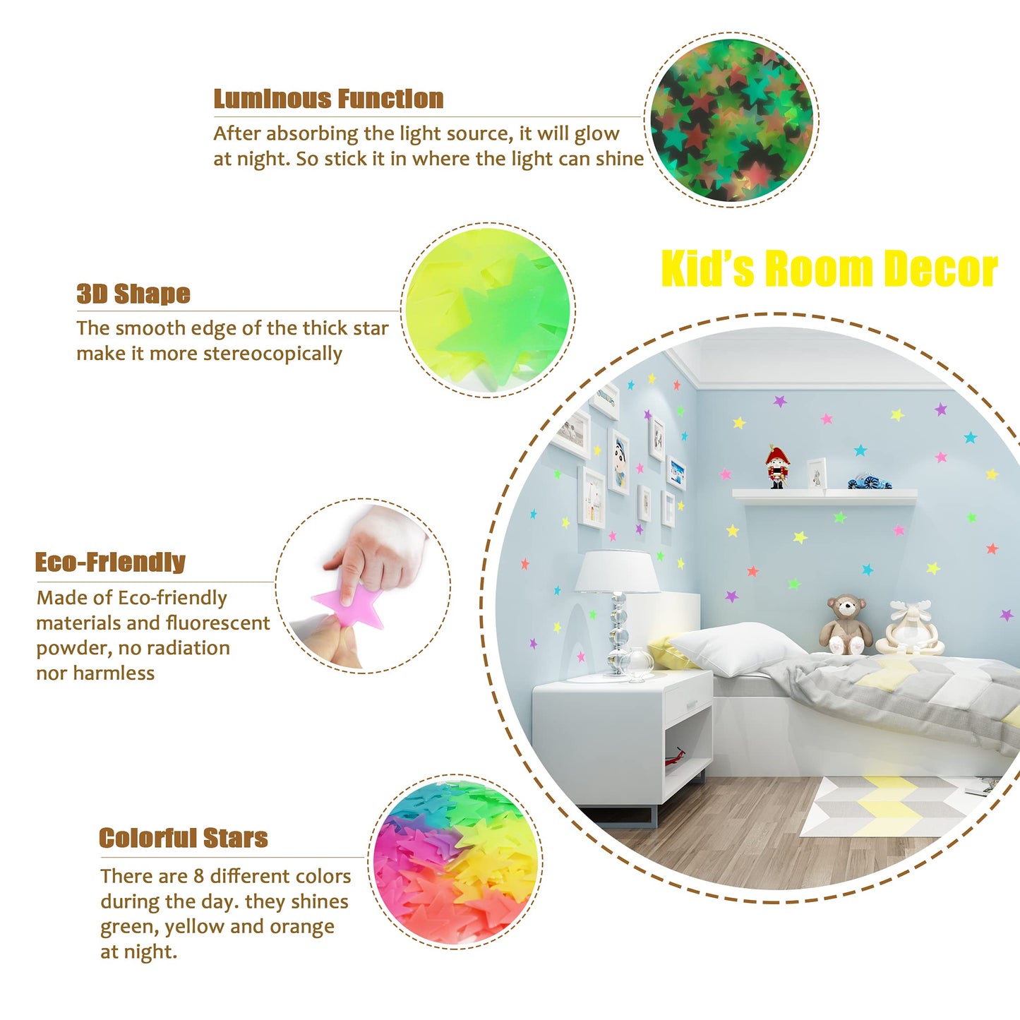 Glow in The Dark Stars Stickers for Ceiling, Adhesive 200pcs 3D Glowing Stars and Moon for Kids Bedroom,Luminous Stickers Create a Realistic Starry Sky,Room Decor,Wall Stickers