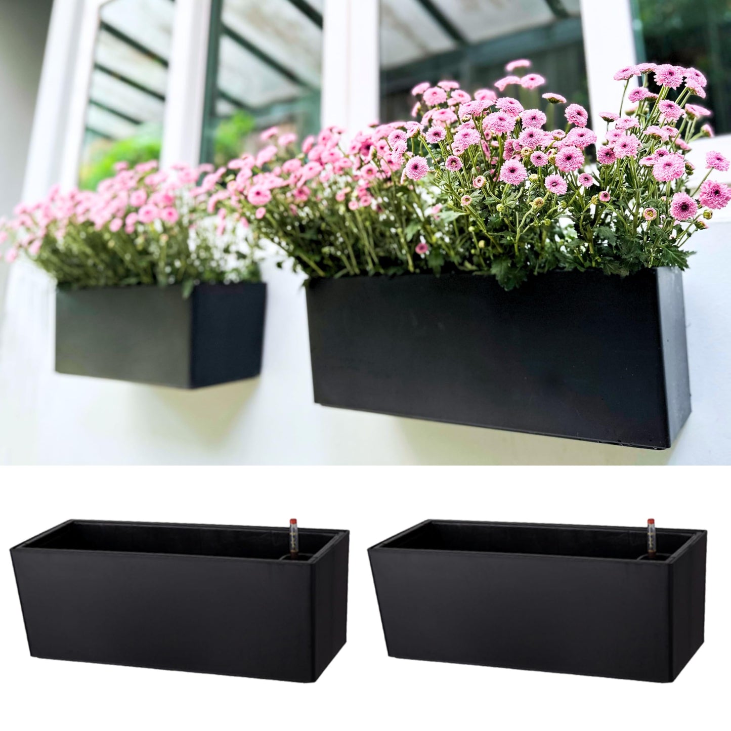 LaLaGreen Wall Planters for Outdoor (2 Pack, 14 Inch) Black Self Watering System Hanging Plant Box Flower Pot, Rectangular Wall Mount Indoor Vertical Living Garden Decoration Window Sill Herb Trendy