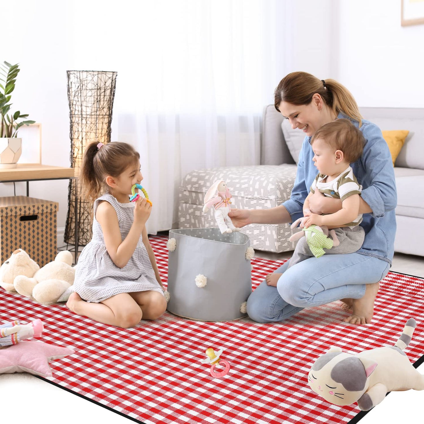 RealPero Extra Large Picnic Blanket, 80"x60" Waterproof Sandproof Beach Mat, Soft Foldable Outdoor Camping Mat with PU Carrier, Red White Plaid Portable Mat for Lawn, Grass, Travel & Park