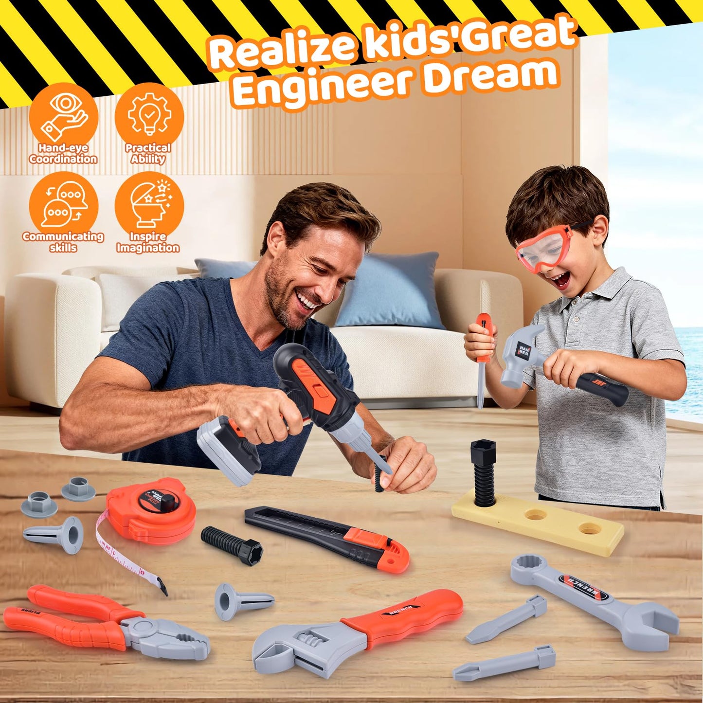 CASRRA Kids Tool Set Toddlers Tool Kit Kid Toddler Tools Belt 3 4 5 Year Old Construction Tools Toys for Boys Birthday Gifts Age 3 4 5
