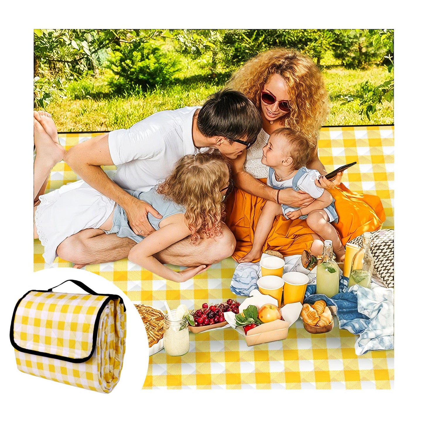 CUNCUI Picnic Outdoor Blankets, Extra Large 79x79in Beach Blanket, Thick 3-Layers Camping Waterproof Mat for Camp Hiking Park, Portable Foldable Rug for Family-Yellow, Sandproof & Machine Washable