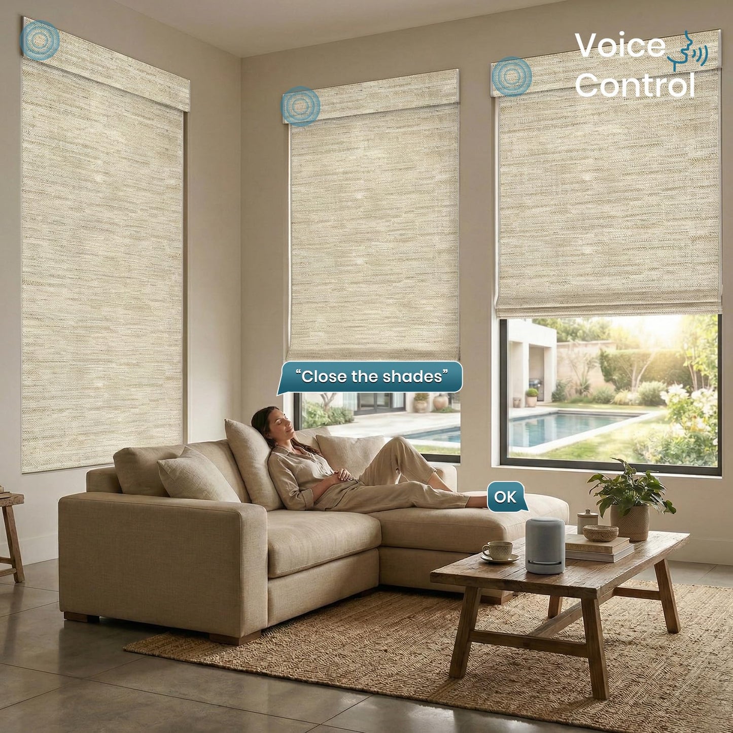 WEFFORT Motorized Roman Shades, Woven Woods Shades, Work with HomeKit/Alexa/Google Home, Cordless, Custom Size, Crocheting Kenaf