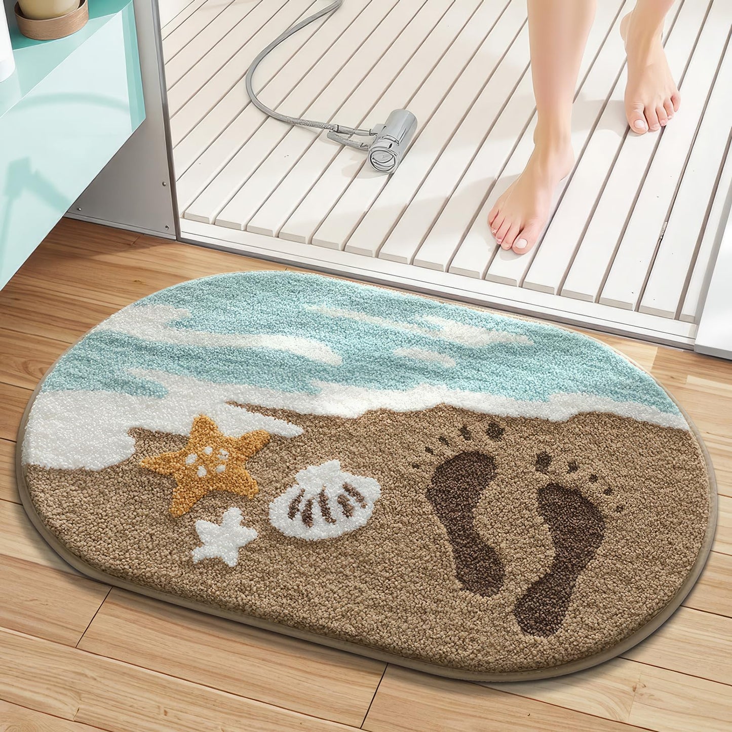 Beach-Themed Ultra-Plush Bath Mat, Wave Sand Shells Bathroom Rugs with Non-Slip Backing, Absorbent Microfiber Starfish Bath Rug, Machine Washable Coastal Bath Mats for Home Decor 20x32In (Sand Beige)