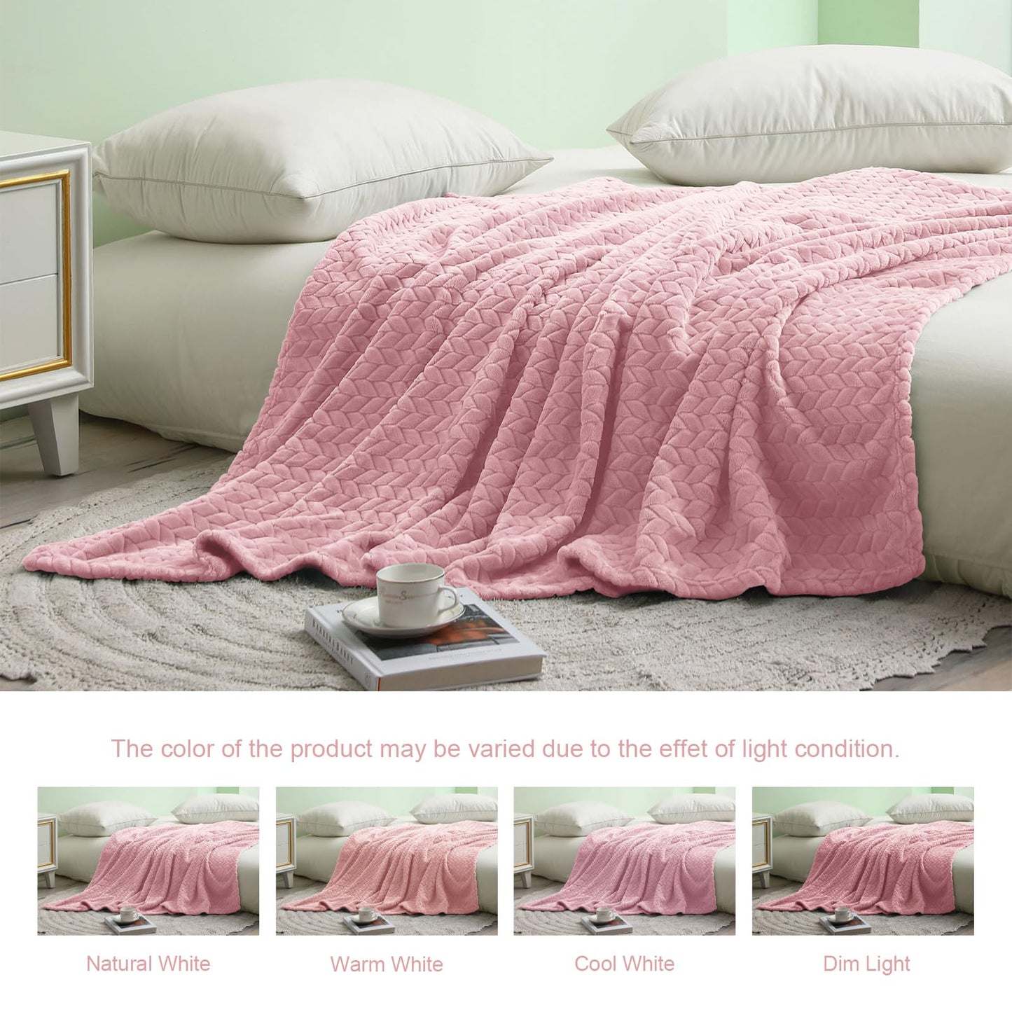 Exclusivo Mezcla Fleece Throw Blanket for Couch and Bed, 50x70 Inches Soft Cozy Jacquard Flannel Blankets, Lightweight Fuzzy Plush Warm Throws for Women, Pink
